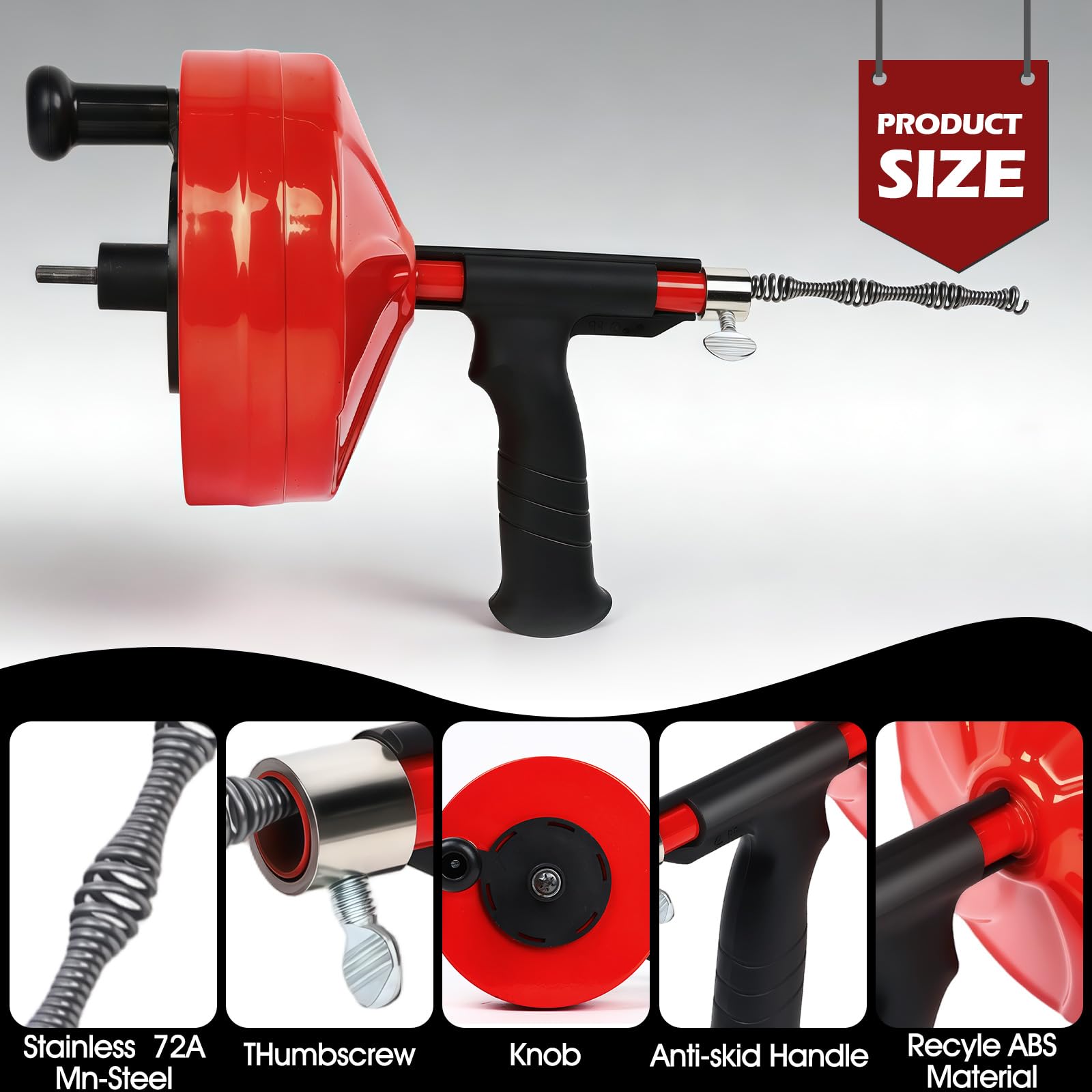 50 Ft Drain Auger,Use Manually or Drill Powered 50 Feet Drain Snake,Heavy Duty Flexible Plumbing Snake,With Gloves and Storage Bag for Kitchen Sink