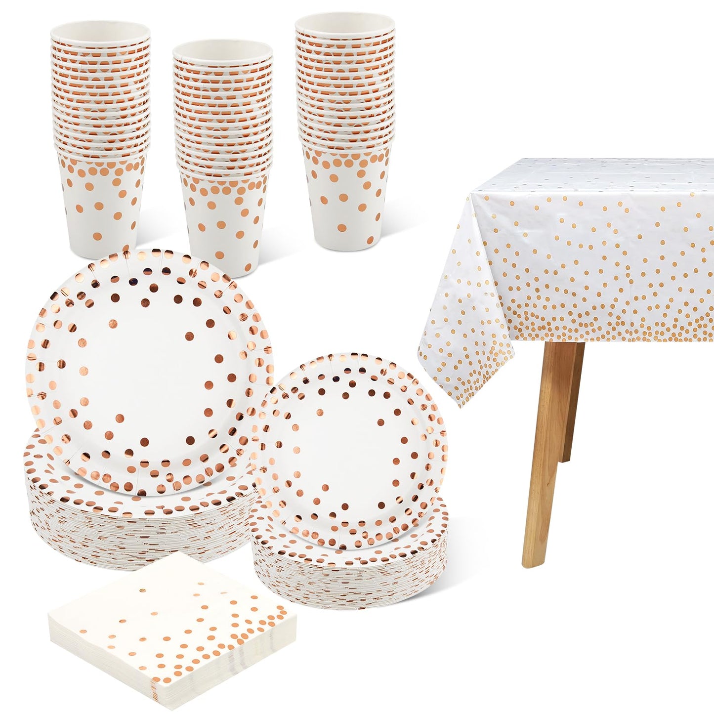 hapray 201PCS Disposable Paper Plates Rose Gold Party Supplies, Polka Dots Birthday and Baptism Decorations, include Cups, Napkins, Plastic