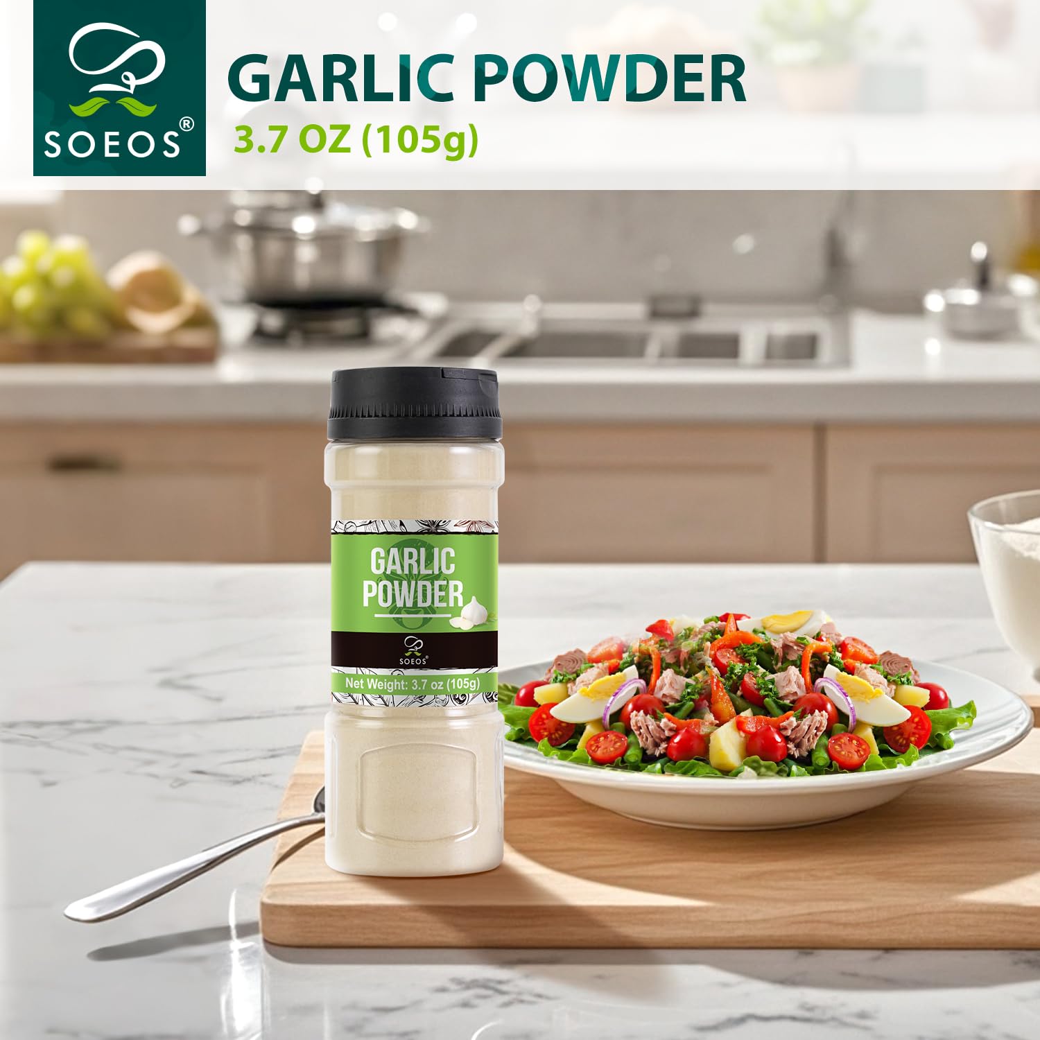 Soeos Garlic Powder, 105g (3.7oz), Garlic Powder Seasoning, Additive Free, Non-GMO, Garlic Seasoning for Flavor Vegetables, Grilled Meats, Salads