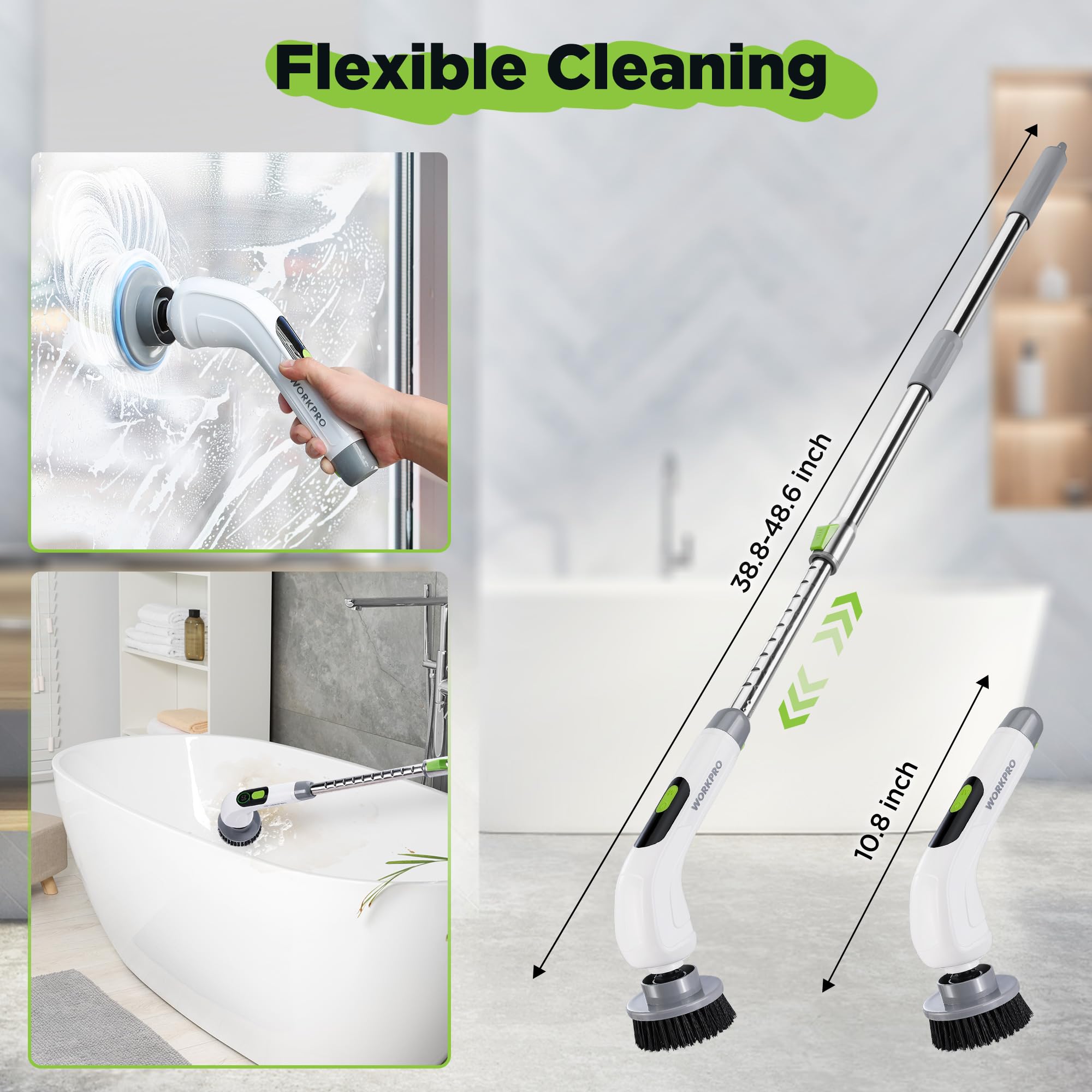 WORKPRO Electric Spin Scrubber, Cordless Cleaning Brush, 3-Speed, Long Adjustable Handle & 8 Replaceable Brush Heads, Waterproof Scrubber