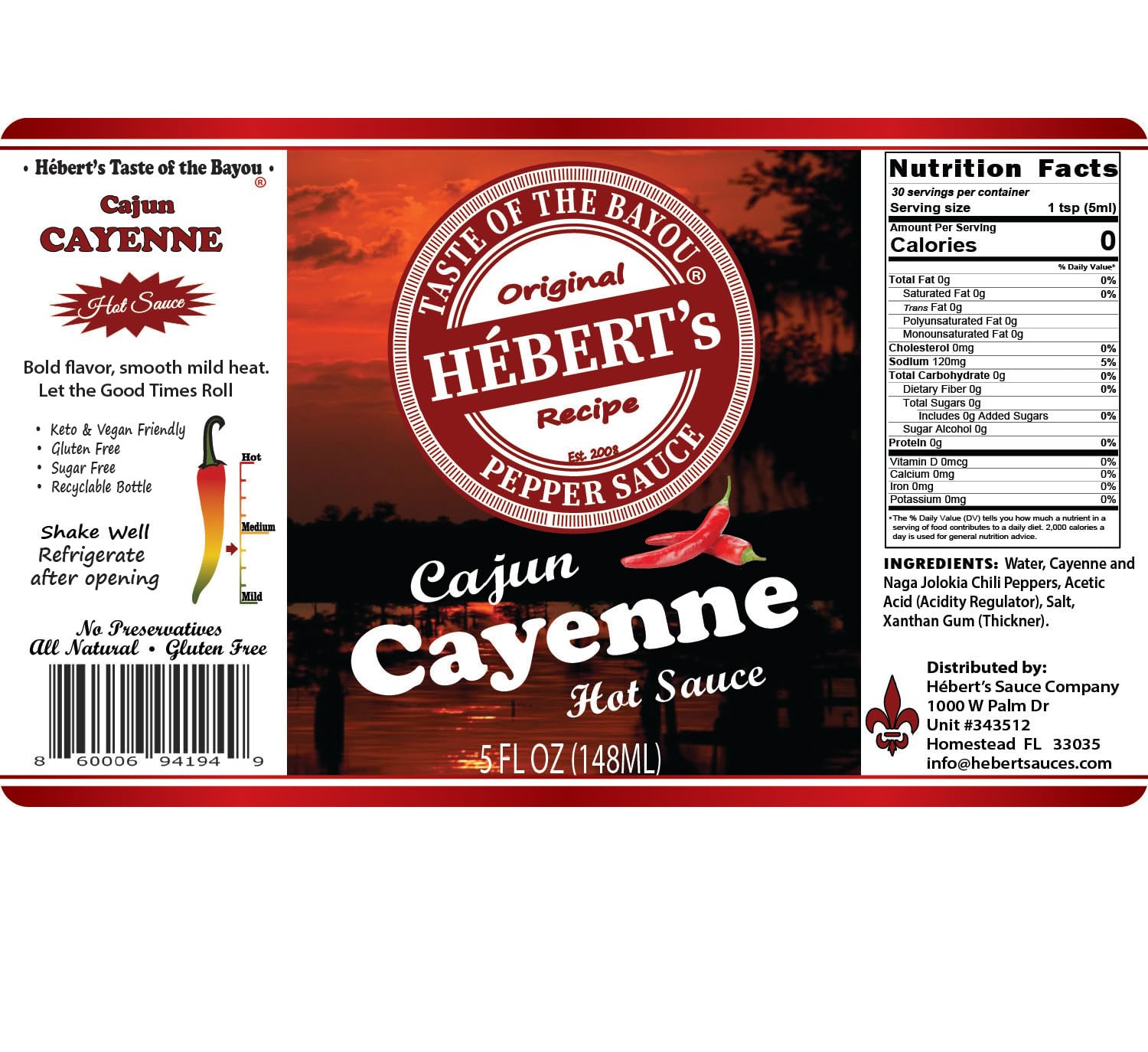 HÉBERT's Cajun Cayenne Hot Sauce - Bold flavor, mild heat! 5oz Glass Bottle
