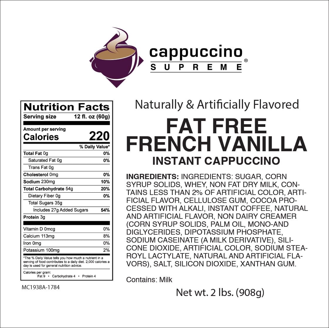 Cappuccino Supreme 2 lb bag Fat Free French Vanilla Instant Cappuccino Mix