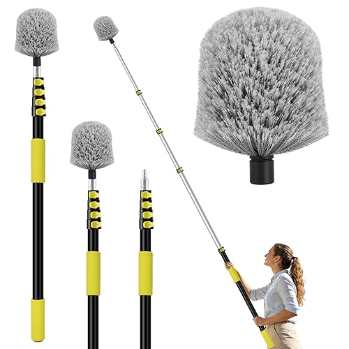 20FT High Reach Cobweb Duster with Extension Pole, Spider Web Brush for Cleaning with 3-12FT Telescopic Pole, 8" Larger Extendable Duster for High