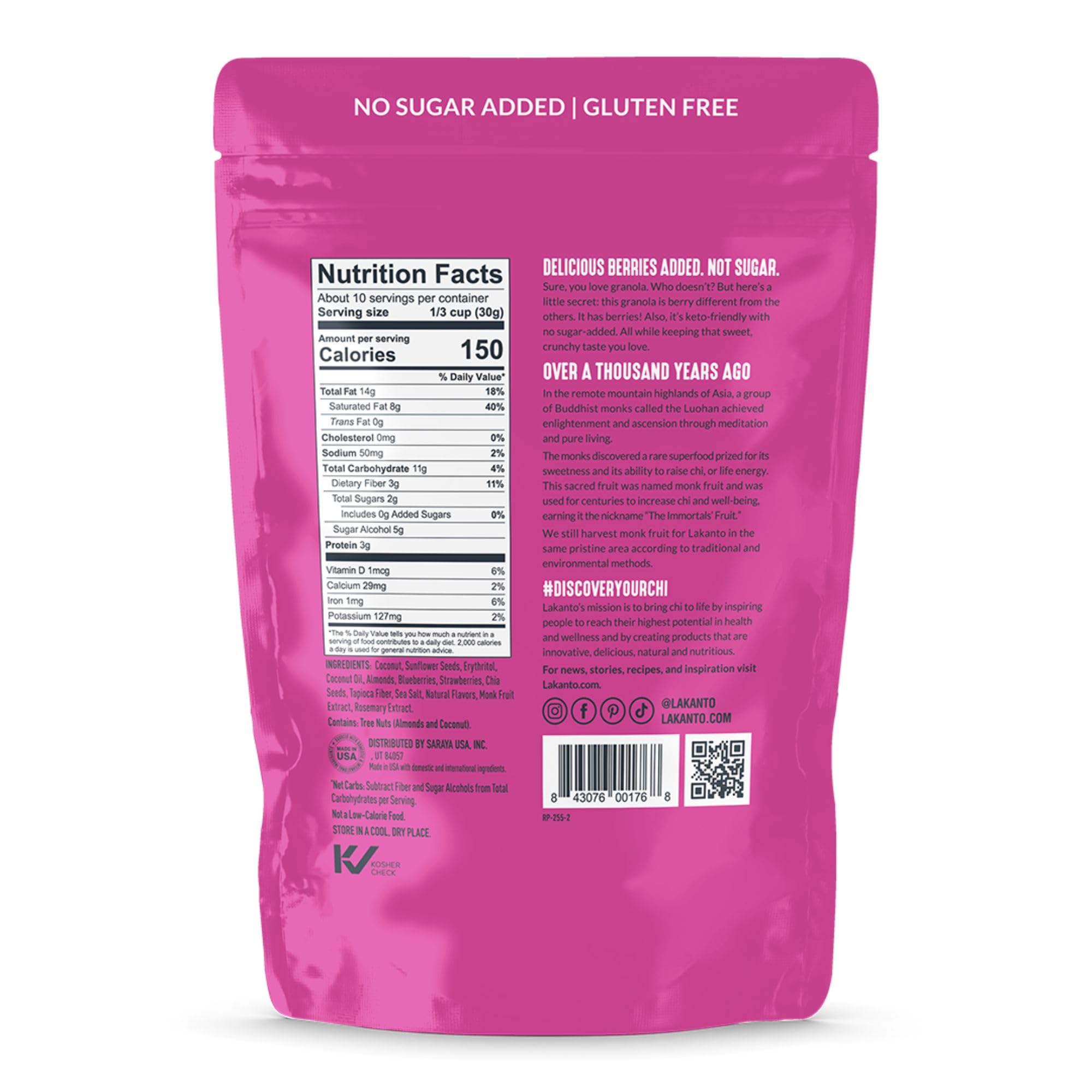 Lakanto Berry Crunch Granola - Delicious Snack, Quick Breakfast Cereal, Keto Friendly, Monk Fruit Sweetener, No Sugar Added, Vegan, Gluten Free, Grain