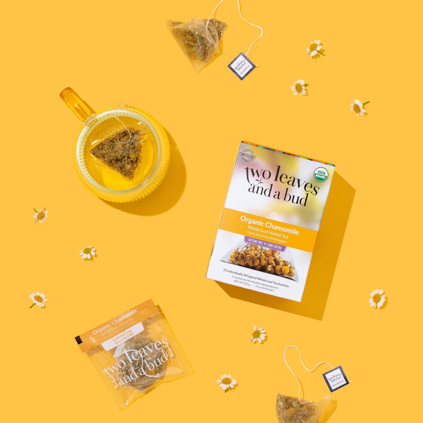 Two Leaves and a Bud Organic Chamomile Herbal Tea Bags, Naturally Caffeine Free, Whole Leaf Chamomile Tea in Pyramid Sachets, 15 Count (Pack of 1)