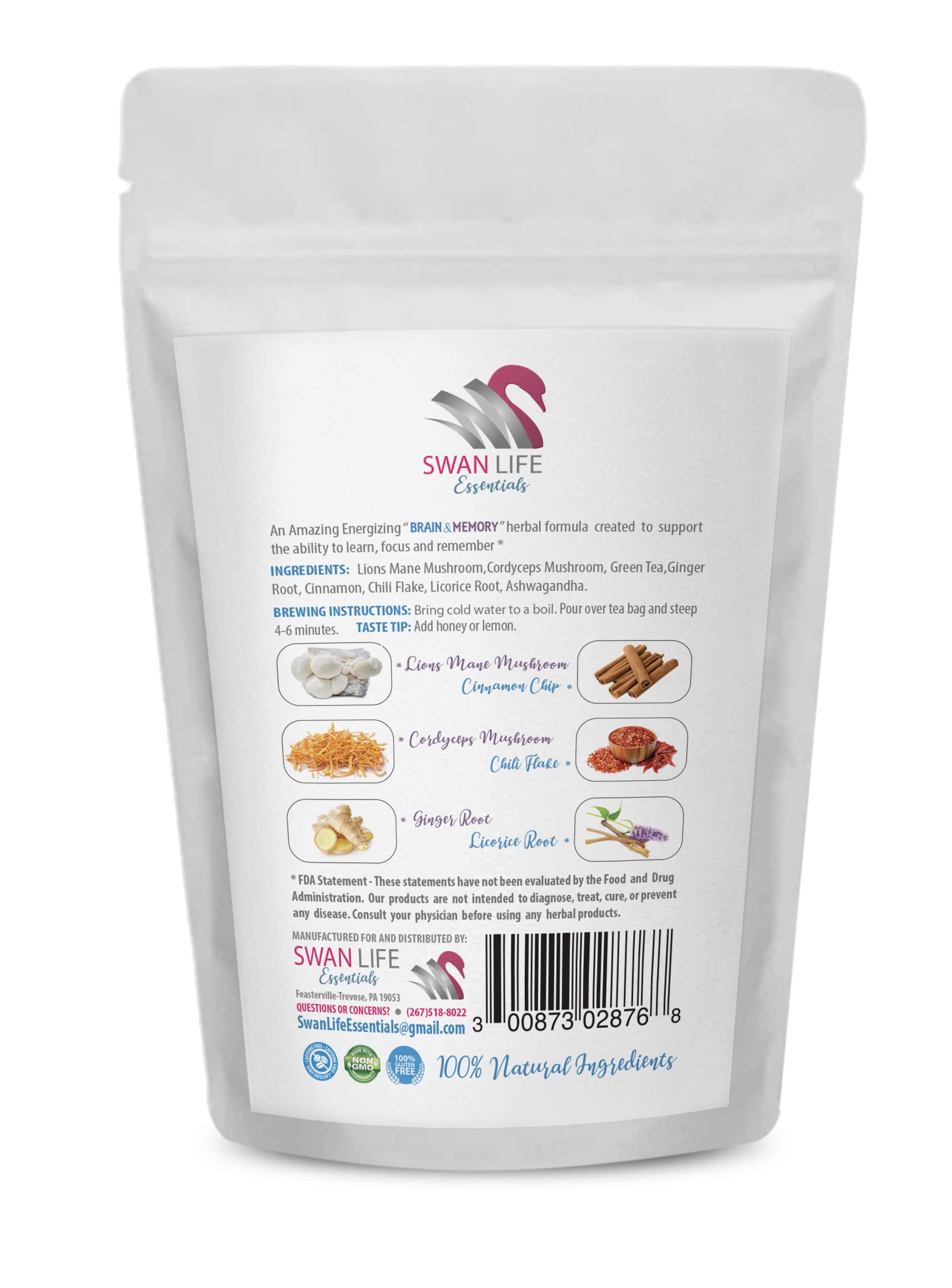 brain boost green tea - BRAIN AND MEMORY TEA HERBAL 14 days, non gmo, gluten free, with ginger, cinnamon, ashwagandha - ginger tea herbal, 1 Bag