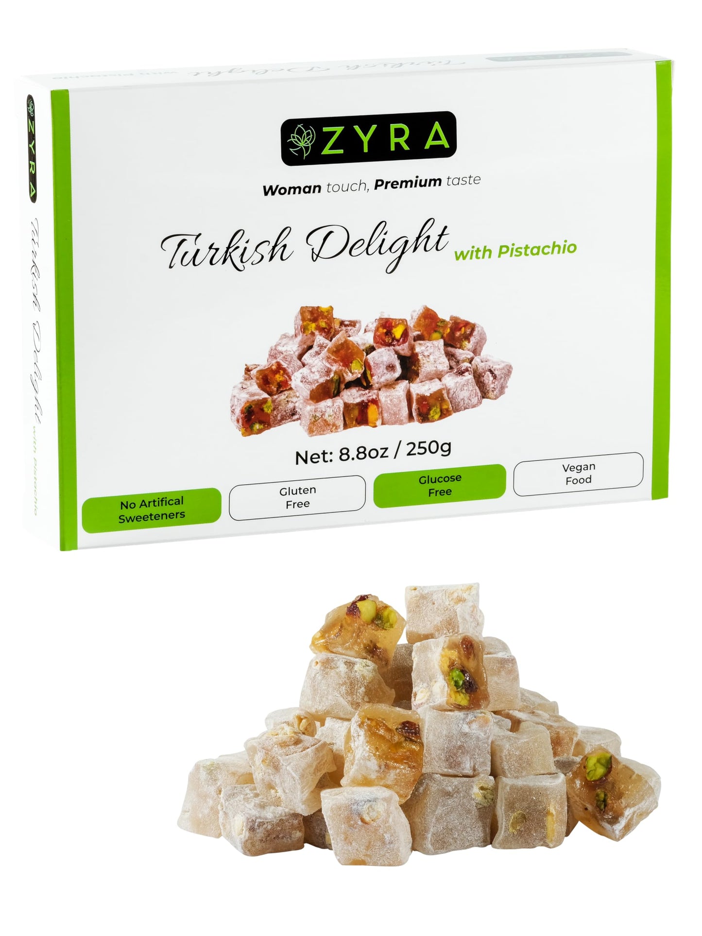 ZYRA Turkish Delight with Pistachio - 8.8oz - Woman Owned Brand - Luxury with Roasted Pistachio - Authentic Premium Lokum Confectionery - Gifts