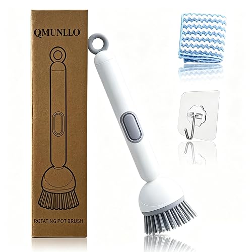 QMUNLLO 360° Rotating Dish Brush with Soap Dispenser, Non-Slip Long Handle Kitchen Scrubber Cleaning Set with Towel and Wall Hook, Ideal for Sink