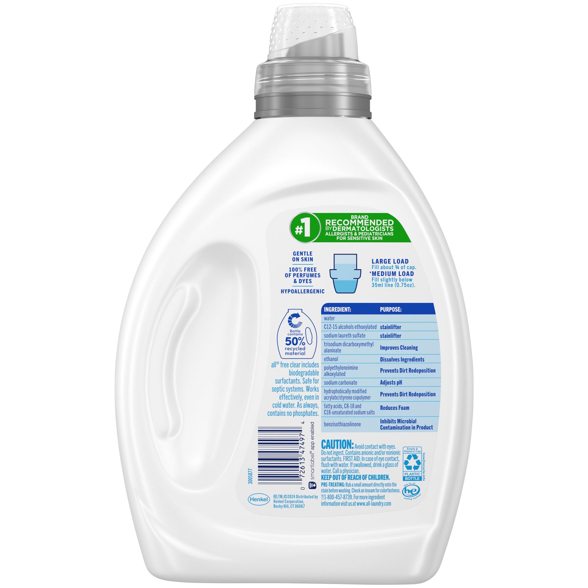 all free clear, Original, Liquid Laundry Detergent for Sensitive Skin, Unscented and Hypoallergenic, Concentrated, 50oz, 66 Loads