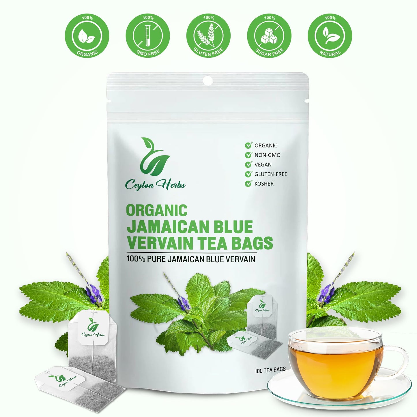 50 Jamaican Blue Vervain Tea Bags - 100% Pure Wild-Crafted Herbal Tea Bags for a Smooth and Earthy Brew Healthy Well-Cleaned Whole Plant Tea Cut