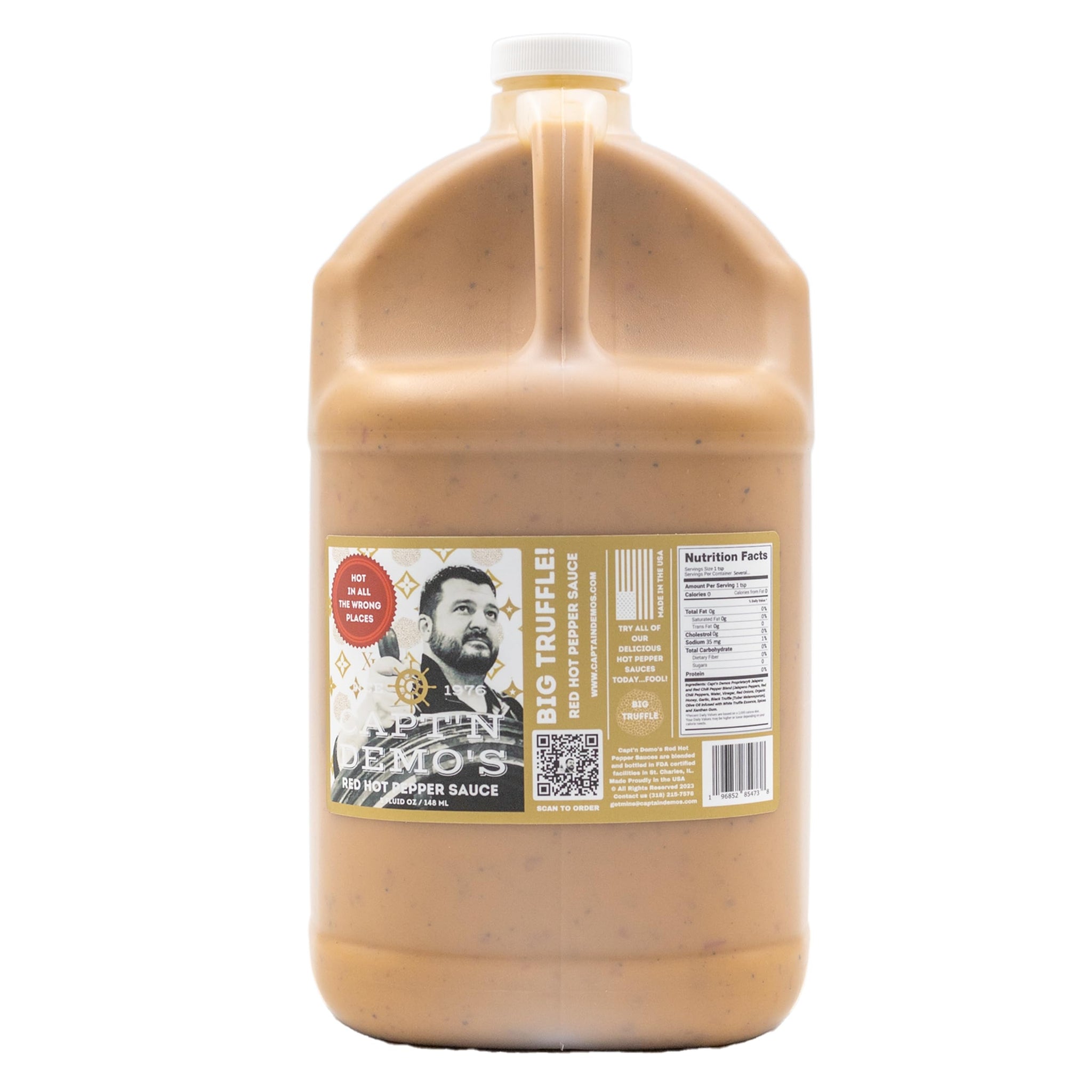 CAPTAIN DEMO's BIG TRUFFLE Red Hot Pepper Sauce - 1 Gallon Bottle, Gourmet Hot Sauce Withb Black & White Truffle Oil, Garlic, Hot Honey Heat - Never