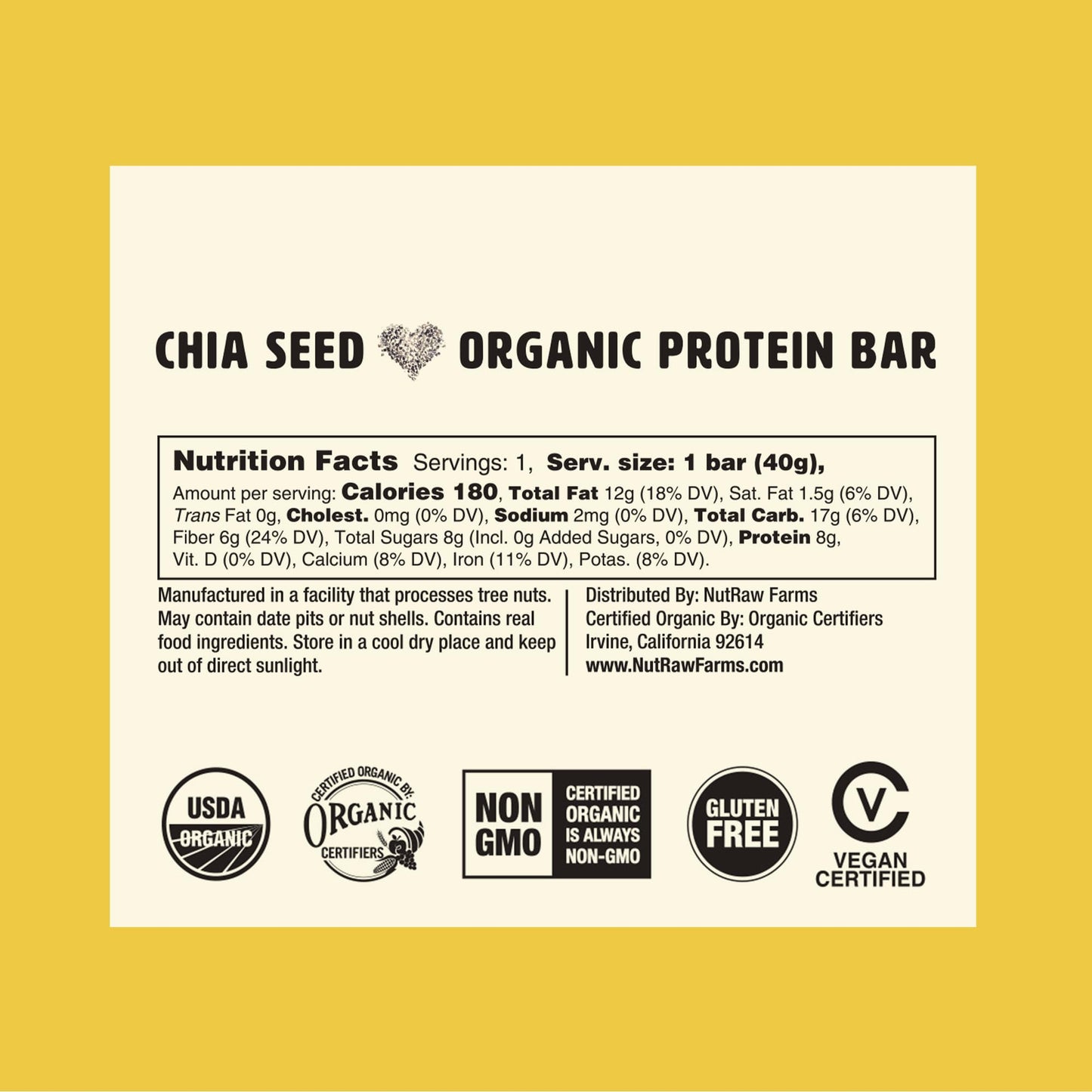 NutRaw Organic Chia Seed Bar, 12 Pack (1.4 oz) - Vegan Protein Bar with 8g Plant Protein & 6g Fiber - Clean Ingredient Chia Snack Bar, Gluten Free, No