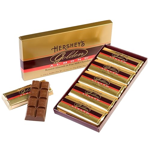 HERSHEY'S GOLDEN ALMOND Chocolate Bar, Roasted Almonds in Fine Milk Chocolate Candy Bar, Individually Wrapped Bars in Gift Box, 14 Ounce Box