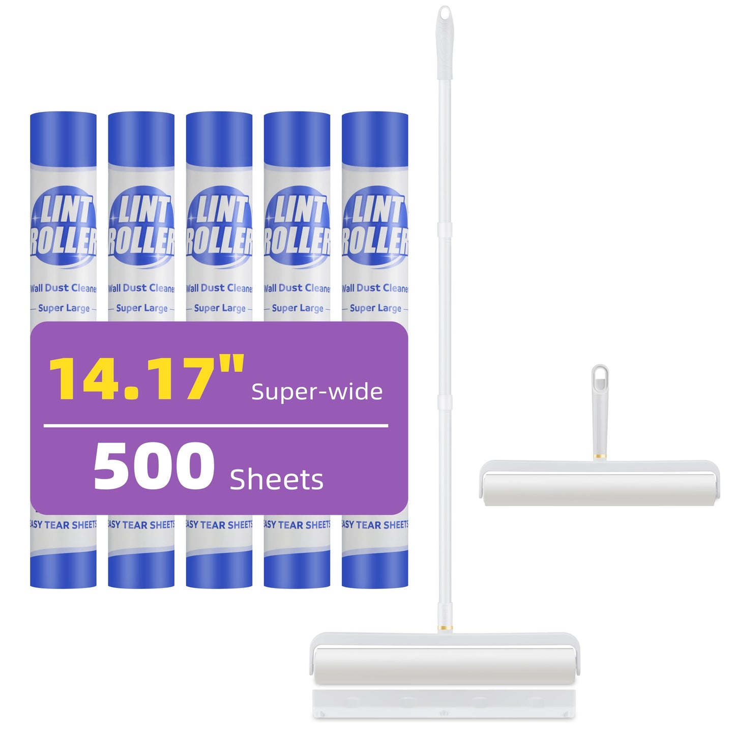 14.17" Extra-Wide Lint Roller Kit with 5 Refills & Dust Cover | Reusable Pet Hair Remover for Furniture, Car, Clothes | Extendable Handle (100