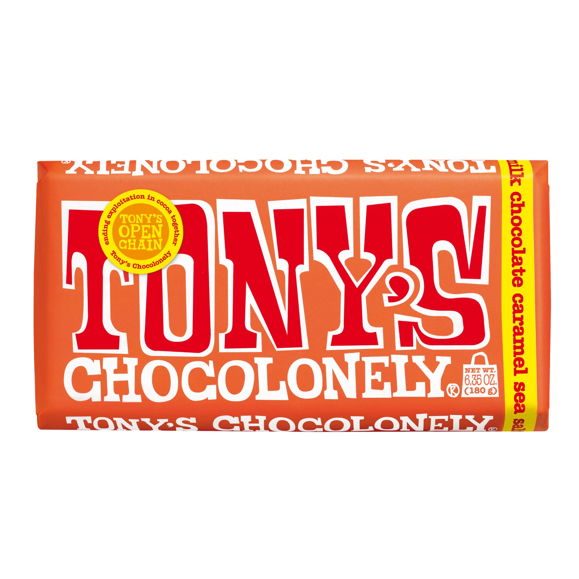 Tony’s Chocolonely Belgian Milk Chocolate Candy Bar With Caramel & Sea Salt for Snacks, Chocolate Bar for Party Favors, Gifts, or Gift Basket, 32%