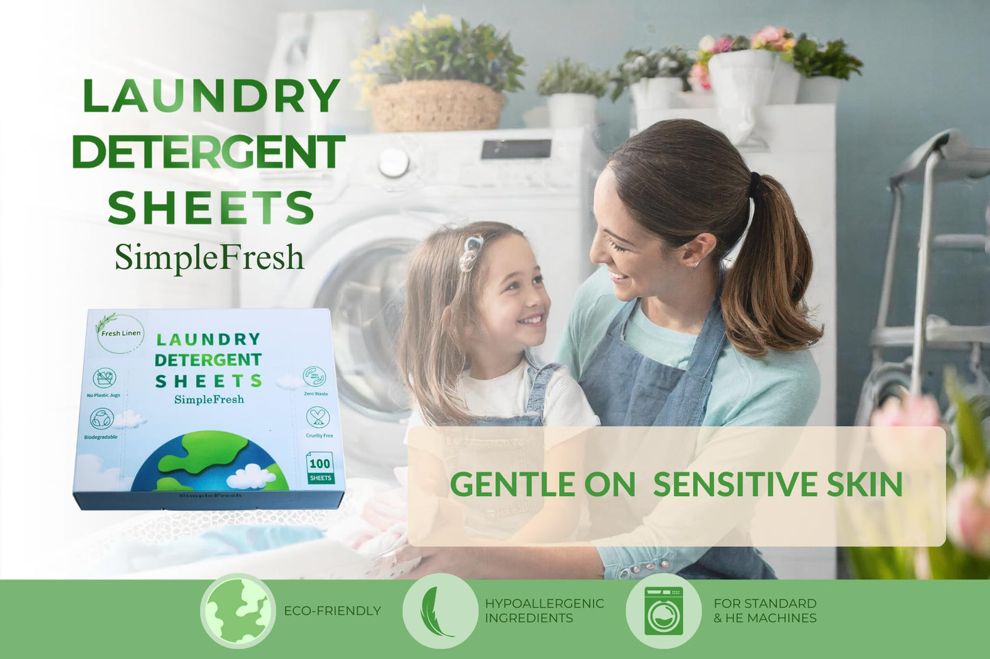 Simple Fresh Laundry sheets pack of 100, Fresh Scent - Laundry Detergent Sheets, Eco-Friendly, Plant-Based, Hypoallergenic, No Plastic Jug (200 Loads