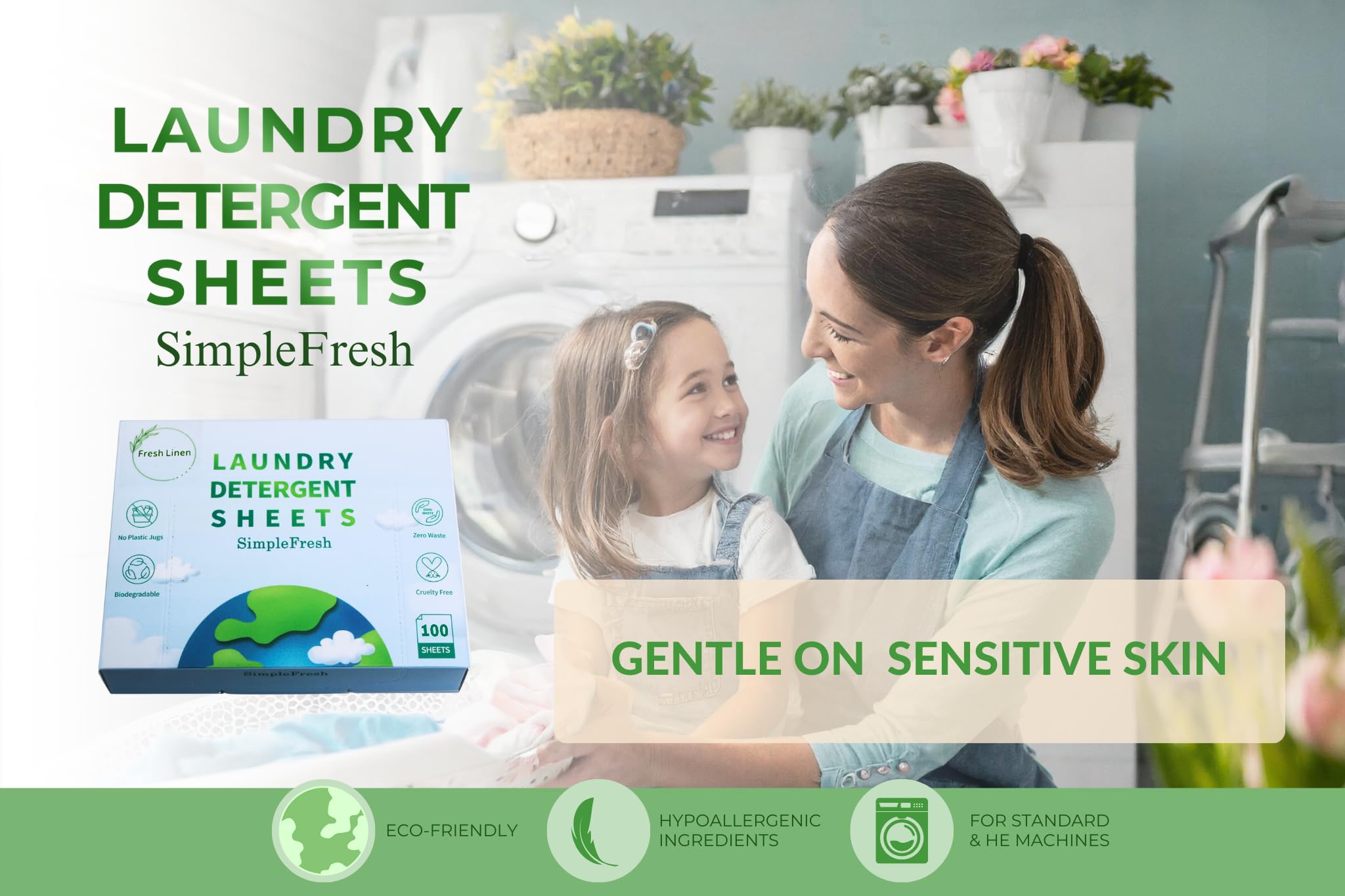 Simple Fresh Laundry sheets pack of 100, Fresh Scent - Laundry Detergent Sheets, Eco-Friendly, Plant-Based, Hypoallergenic, No Plastic Jug (200 Loads