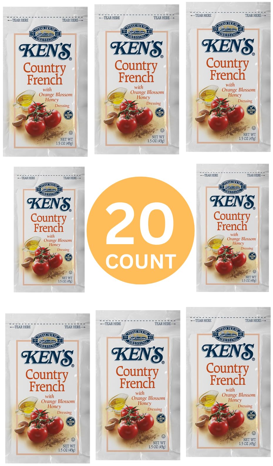 20 Count | Salad Dressing Packets | Individual Single Serve Salad Dressing condiment packets | 1.5 Oz Per Pouch (Country French Dressing)