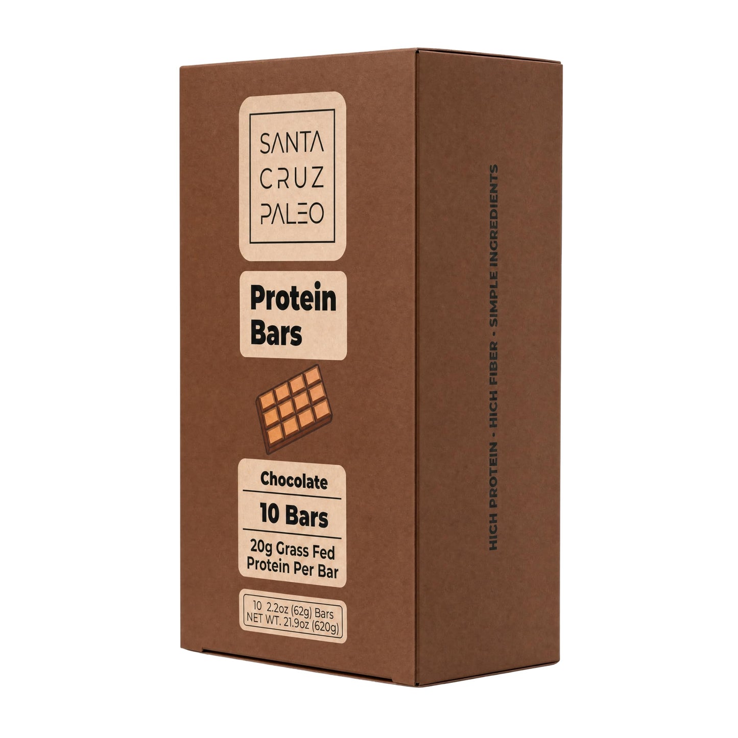 Santa Cruz Paleo Protein Bar - 20g Grass-Fed Whey & Collagen Protein - Wildflower Honey Sweetened, No Seed Oils, High Protein Snack Bar (Chocolate
