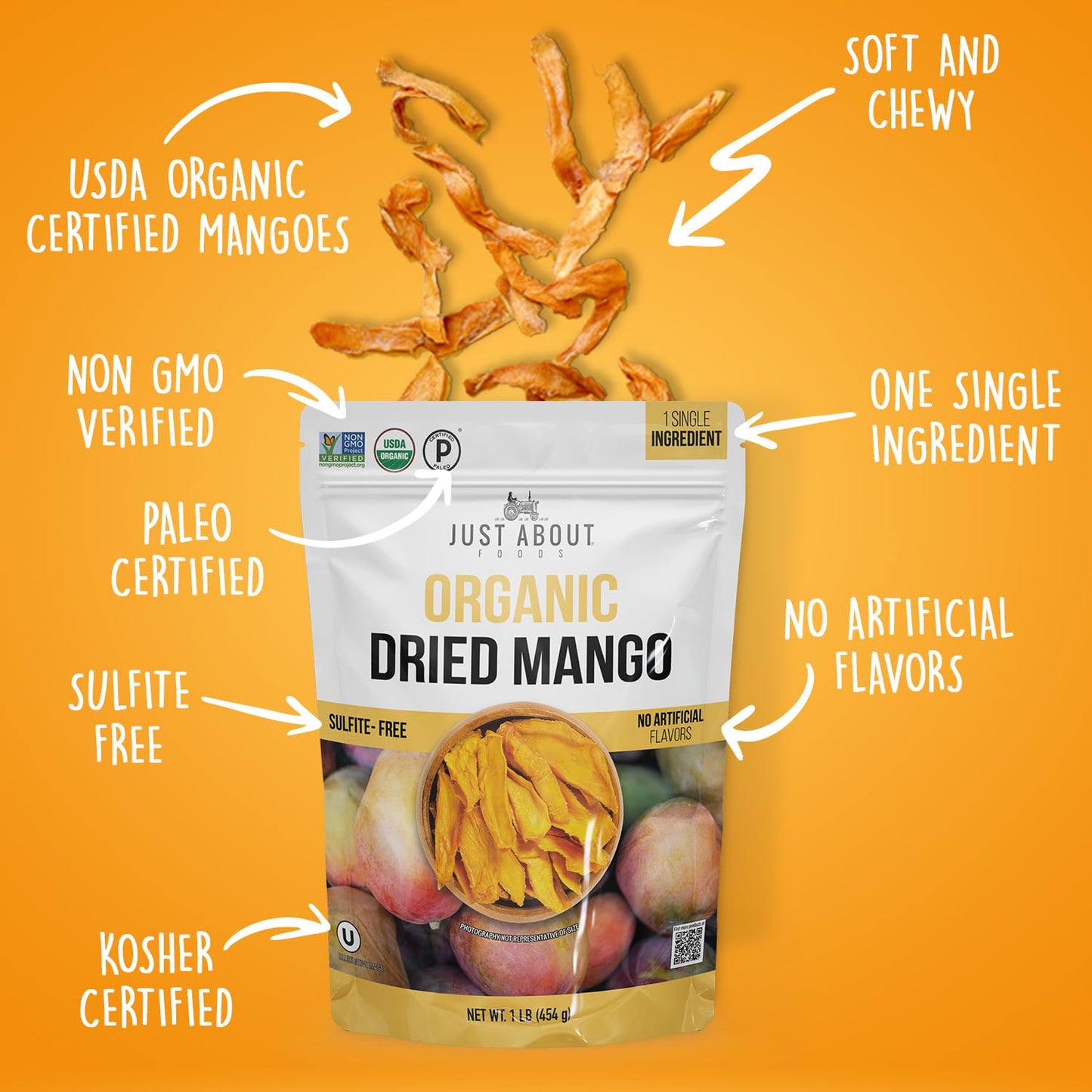 Dried Mango Slices - Juicy & Delicious, No Added Sugar, Non-GMO, Healthy Snack, Bulk Resealable Bag, 1 lb. Just About Foods Single Ingredient