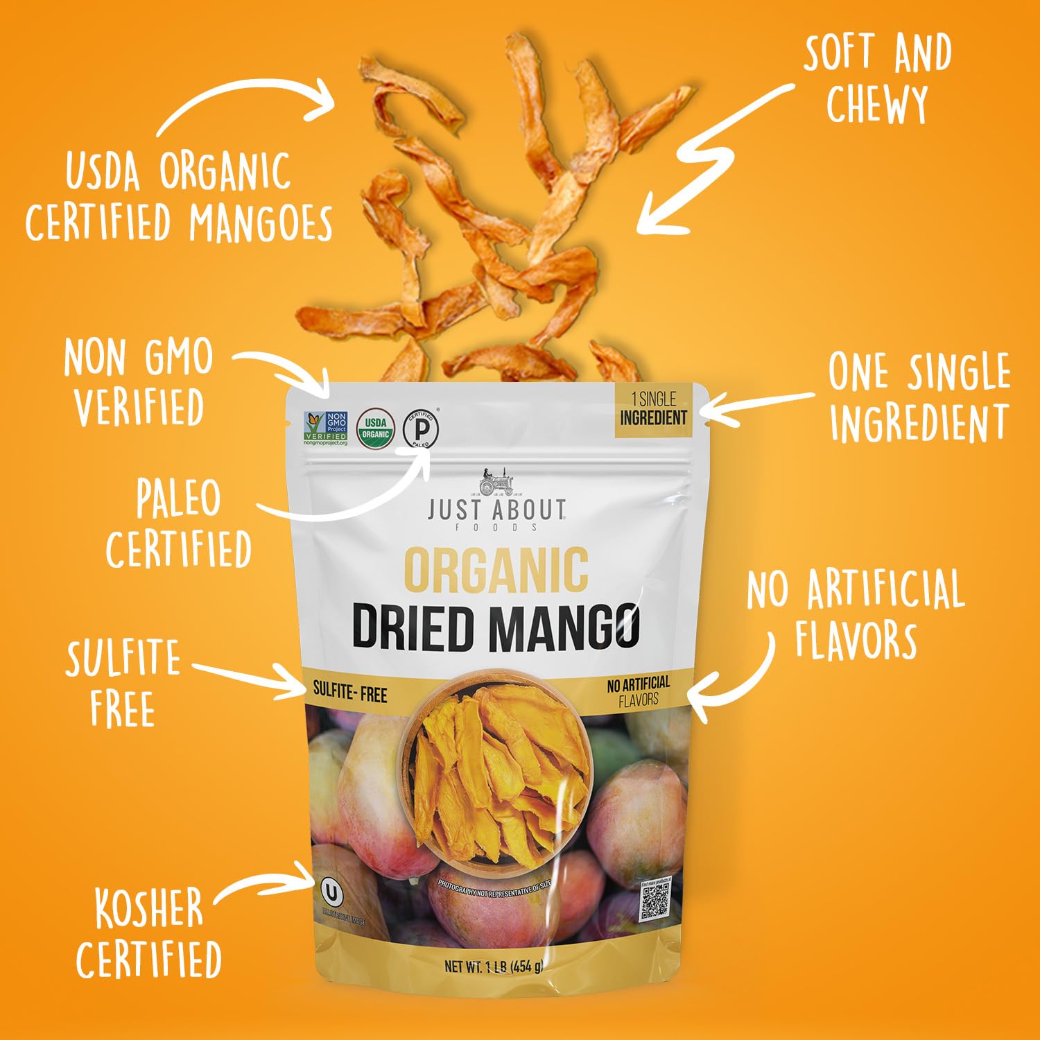 Dried Mango Slices - Juicy & Delicious, No Added Sugar, Non-GMO, Healthy Snack, Bulk Resealable Bag, 1 lb. Just About Foods Single Ingredient