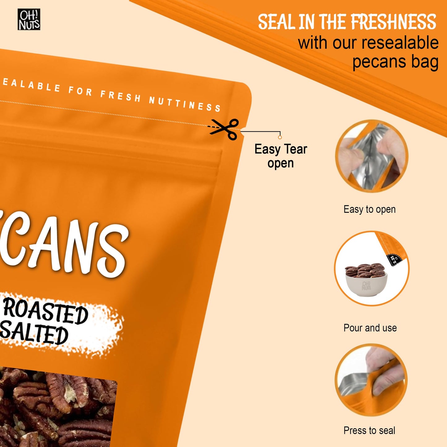 Oh! Nuts Pecans Dry Roasted Unsalted - Kosher, Oil-Free, All Natural Pecans - For Baking, Snacks, Salad, Dressing - Packed in 1 LB Resealable Bulk Bag