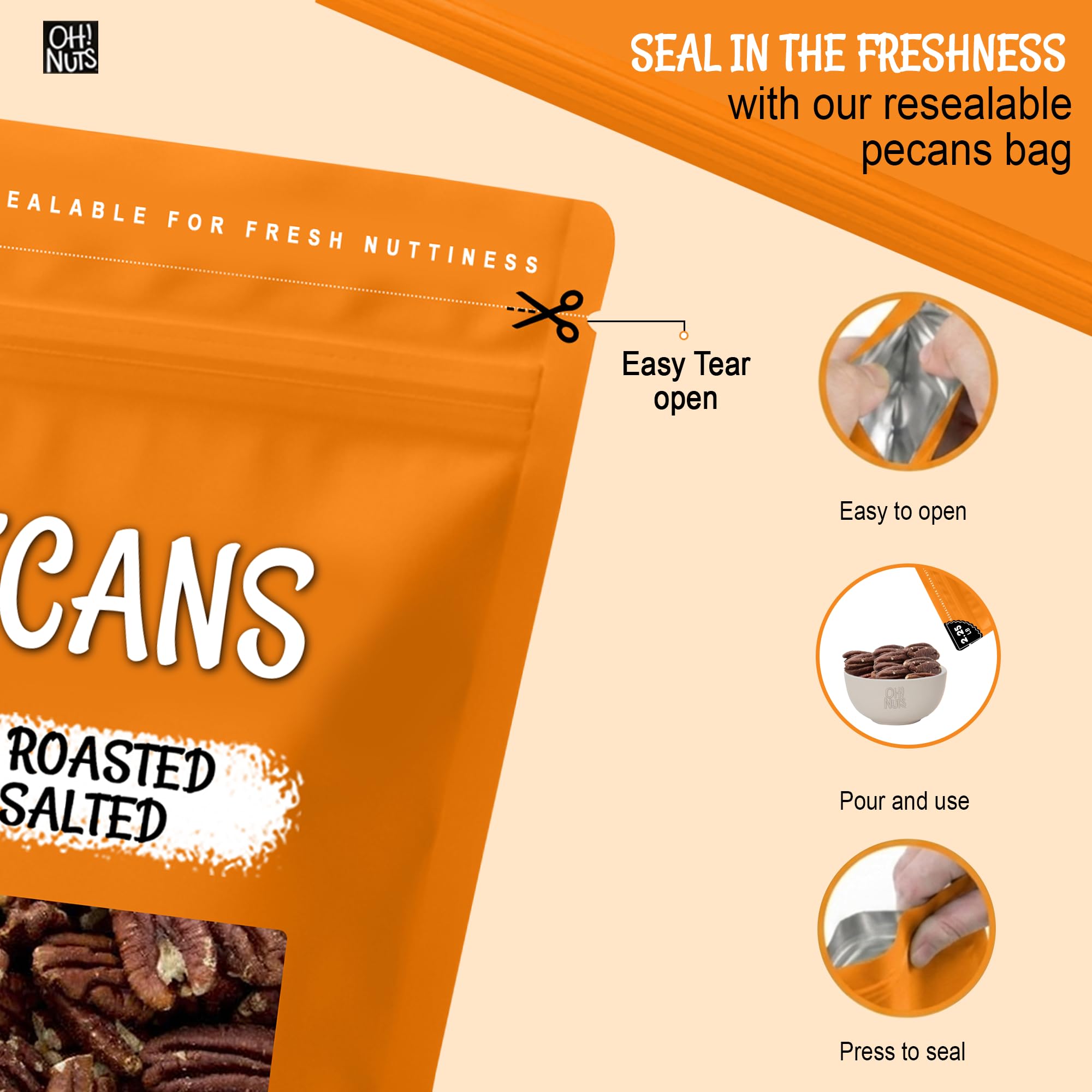 Oh! Nuts Pecans Dry Roasted Unsalted - Kosher, Oil-Free, All Natural Pecans - For Baking, Snacks, Salad, Dressing - Packed in 1 LB Resealable Bulk Bag