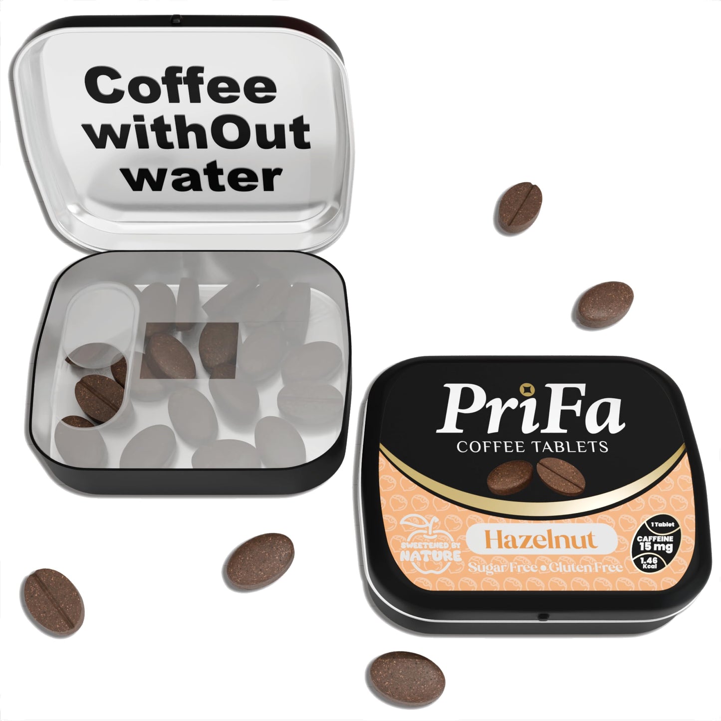 PriFa Hazelnut Coffee Tablets - Sweetened with Stevia, Nutty & Aromatic Flavor, Instant Coffee On-The-Go, Portable Caffeine Boost - 15mg Caffeine, 25