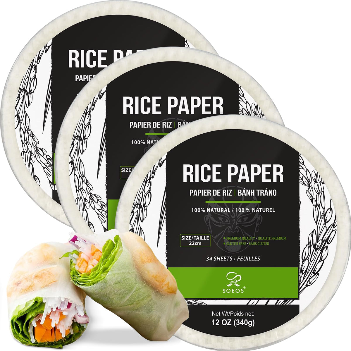 Soeos Rice Paper, 3 Pack, 102 Sheets, Round, 22cm