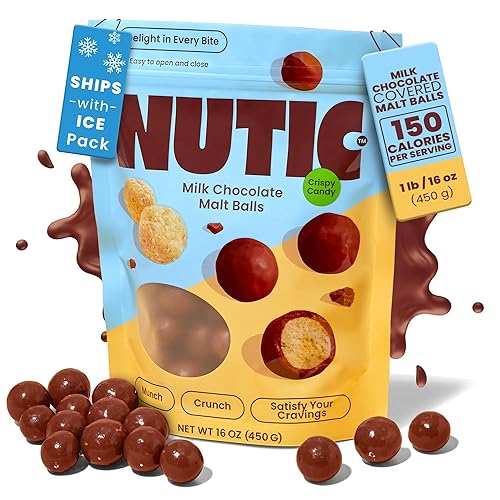 Nutic Gourmet Milk Chocolate Covered Malted Milk Balls - 1 Lb Bulk Candy for Christmas, Holidays & Family Movie Nights - Ideal Food Gift for Couples