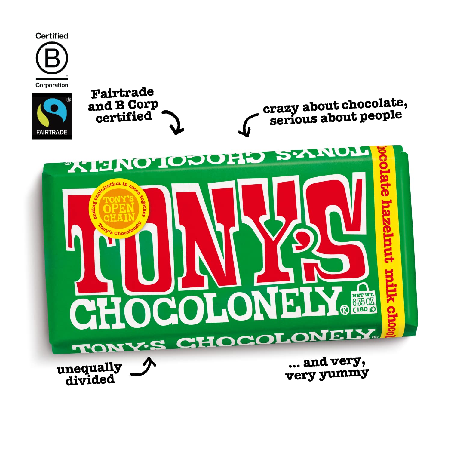 Tony’s Chocolonely Belgian Milk Chocolate Hazelnut Candy Bar for Snacks, Chocolate Bar for Party Favors, Gifts, or Gift Basket, 32% Cacao, Made From