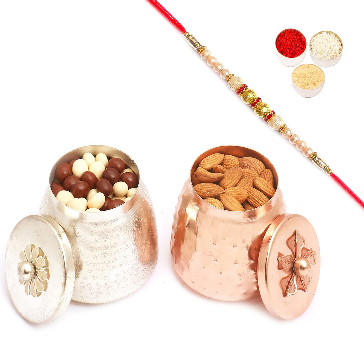Ghasitaram Gifts Rakhi Gifts for Brothers Rakhi Chocolate Metal Almonds and Nutties Barnis with Pearl Rakhi