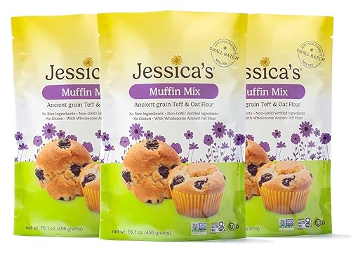 Jessica’s Natural Foods - Gluten-Free Muffin Mix Made with the Ancient-Grain Teff and Wholesome Oat Flour, Non-GMO, and Gluten Free. 3 Per Pack