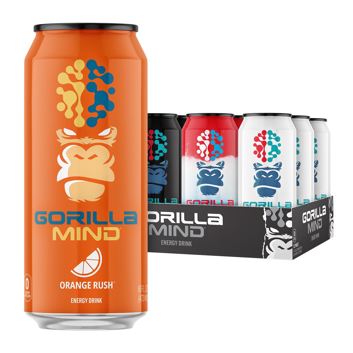 Gorilla Mind Energy Drink | Unmatched Energy · Amplified Focus | N-Acetyl-L-Tyrosine, Alpha-GPC, 200mg Caffeine, Uridine, Saffron | 0 Sugar Or