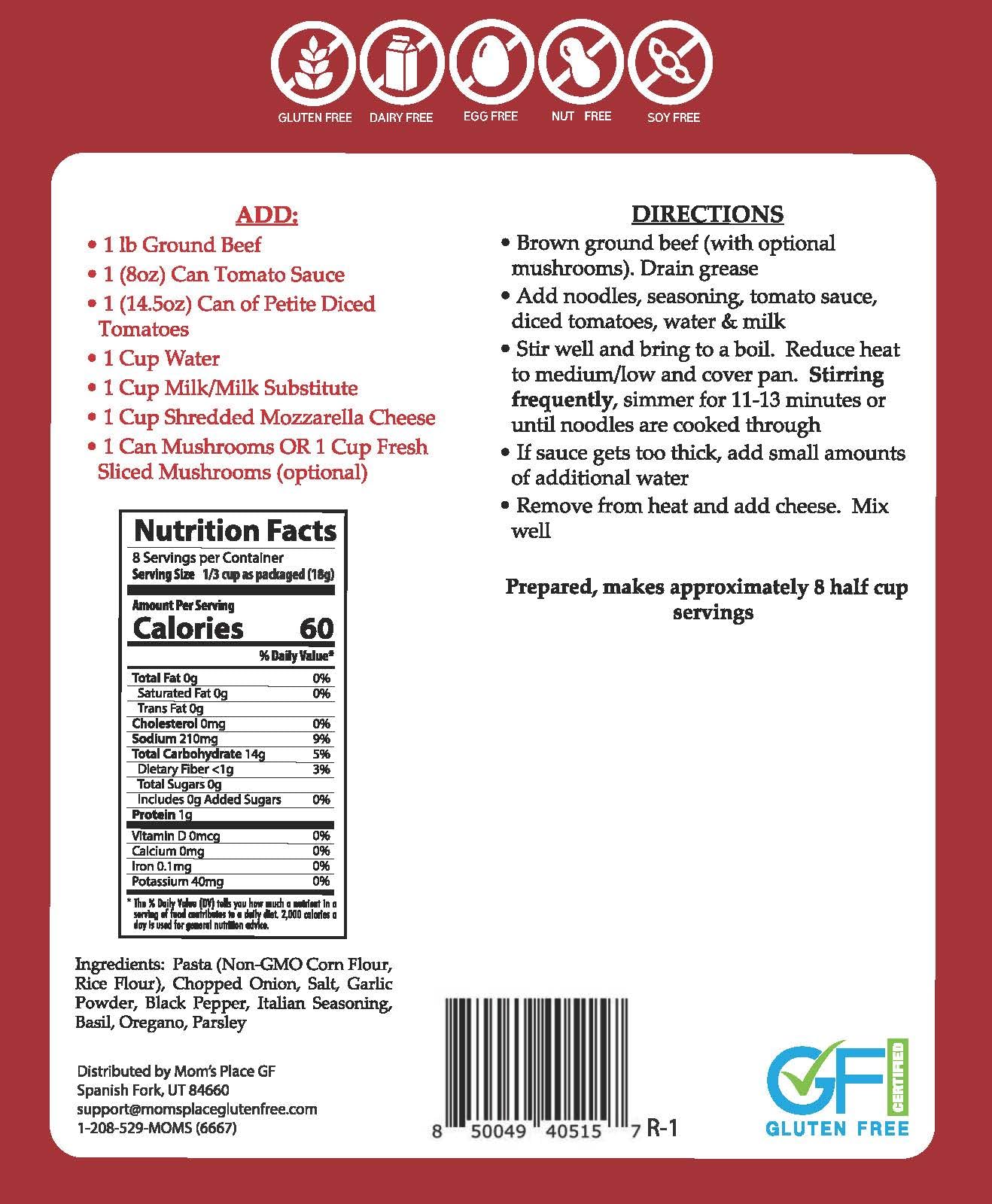 Mom's Place Gluten-Free One Pot Skillet Meal Lasagna, Easy to Make Meal Kit, Dairy Free, Nut Free & Soy Free, 8 servings, 5.1 oz