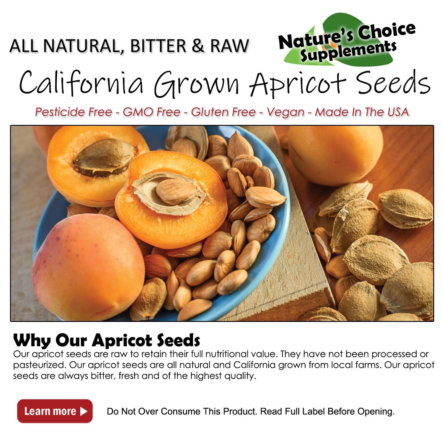 Apricot Seeds California Grown Bitter Raw 100% All Natural From Organic Farms 8 OZ