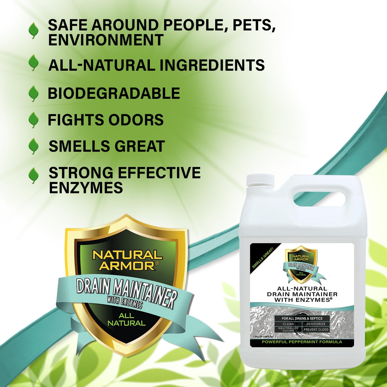 Natural Armor Enzyme Drain Maintainer - Quart Drain Cleaner with Natural Enzyme Power to Prevent Buildup & Odors - Safe for Sinks, Showers, Grease