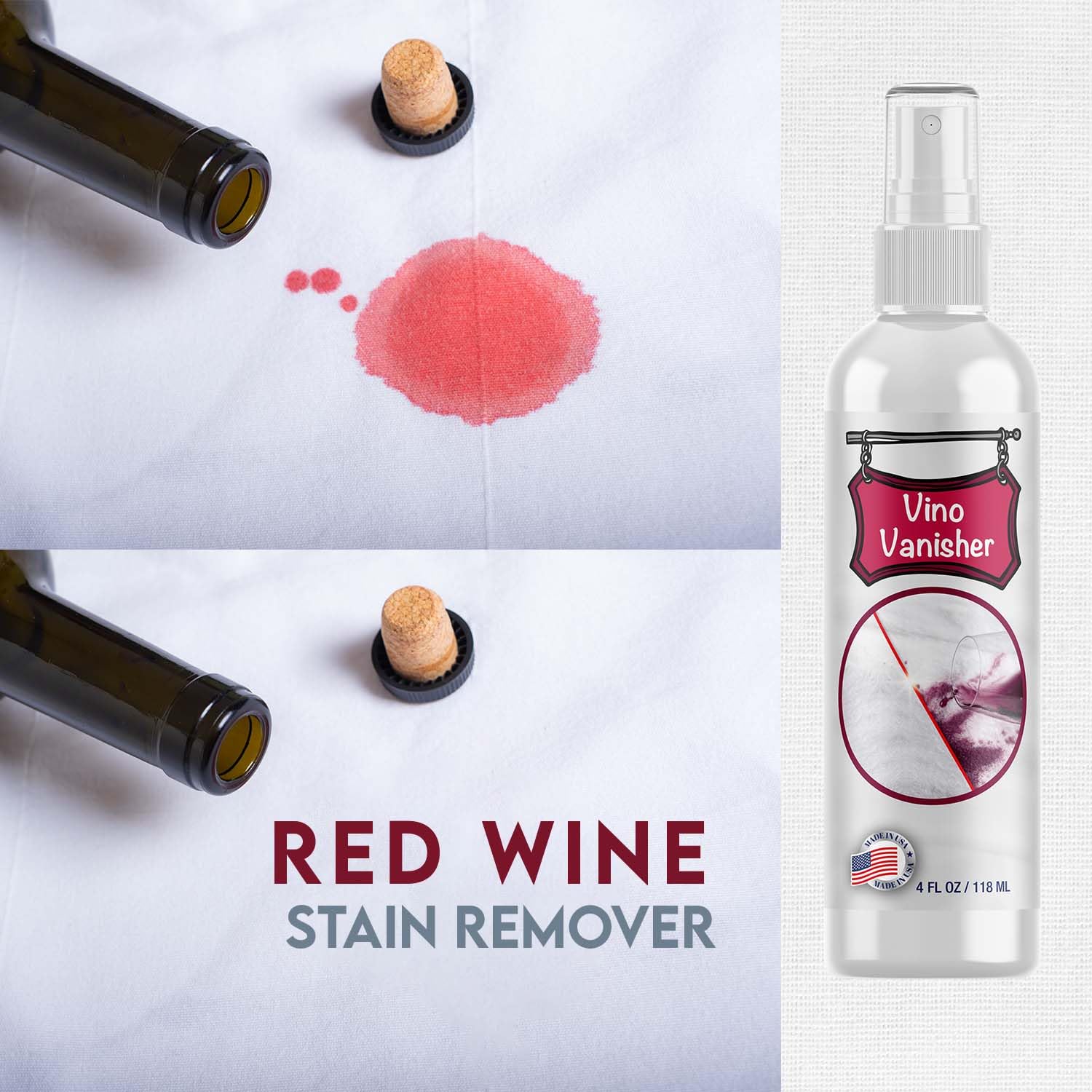 Vino Vanisher Wine Stain Remover - Instantly Lifts Red Wine Stains from Carpet, Clothing, Upholstery & More - Fast-Acting, Eco-Friendly Formula - Safe