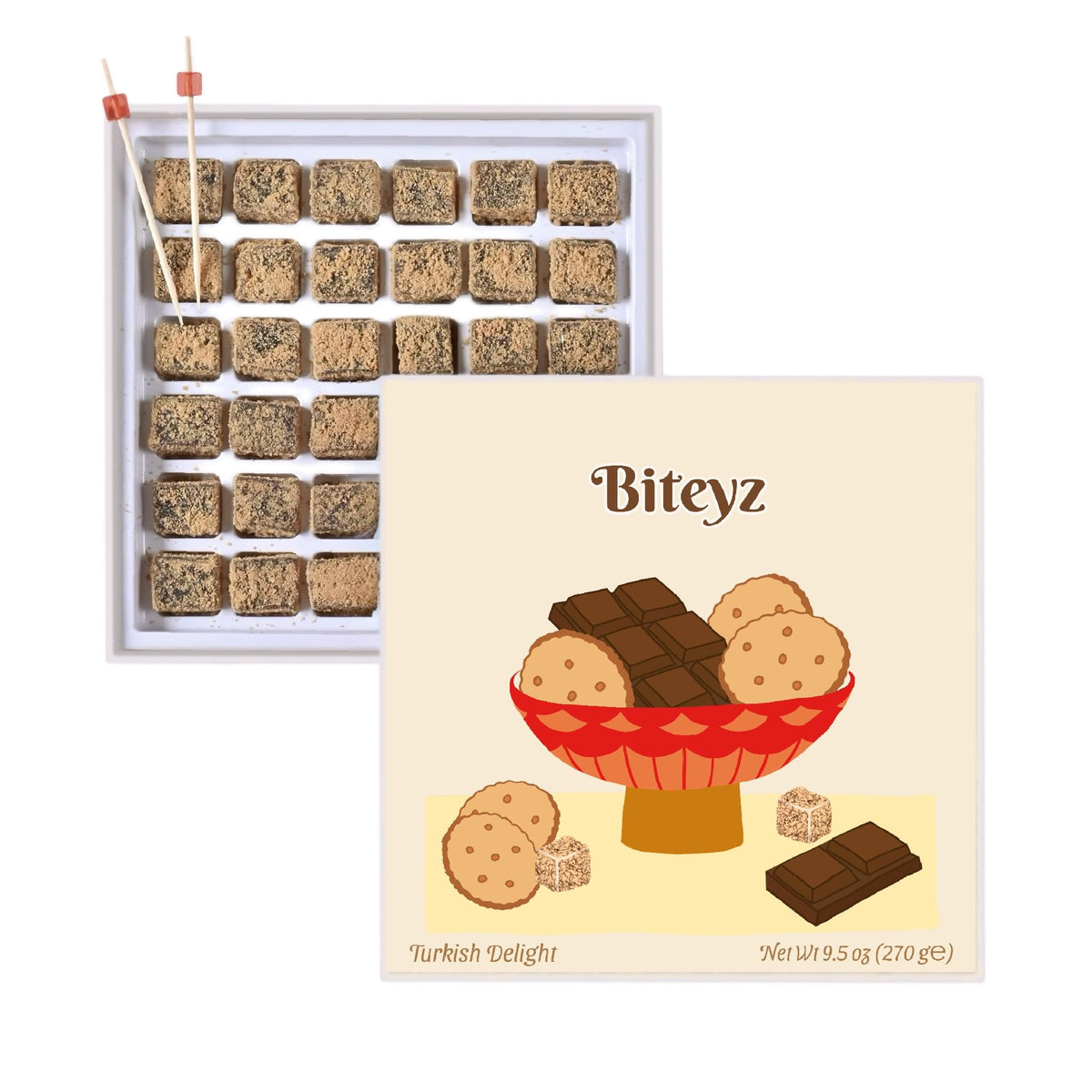 Biteyz Goldie Turkish Delight, Candy Gift Box - Gourmet Treats, Chocolate Flavored Turkish Delight Coated with Caramelized Cookie Crumbs, 36 Pieces