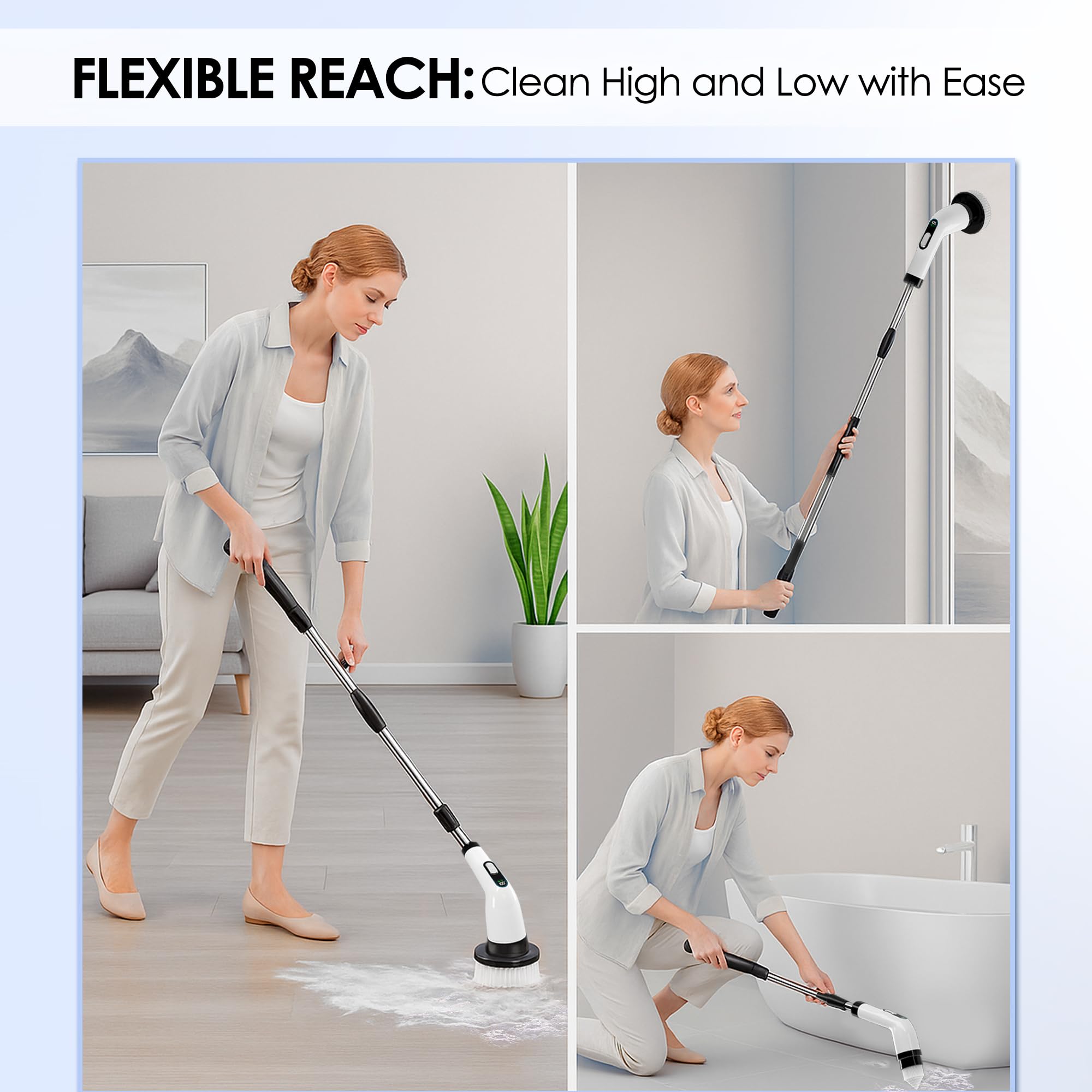 Electric Spin Scrubber for Cleaning, Cordless Power Scrubber with Long Handle, 10 Replaceable Brush Heads, 2-Speed, IPX7 Waterproof for Bathroom