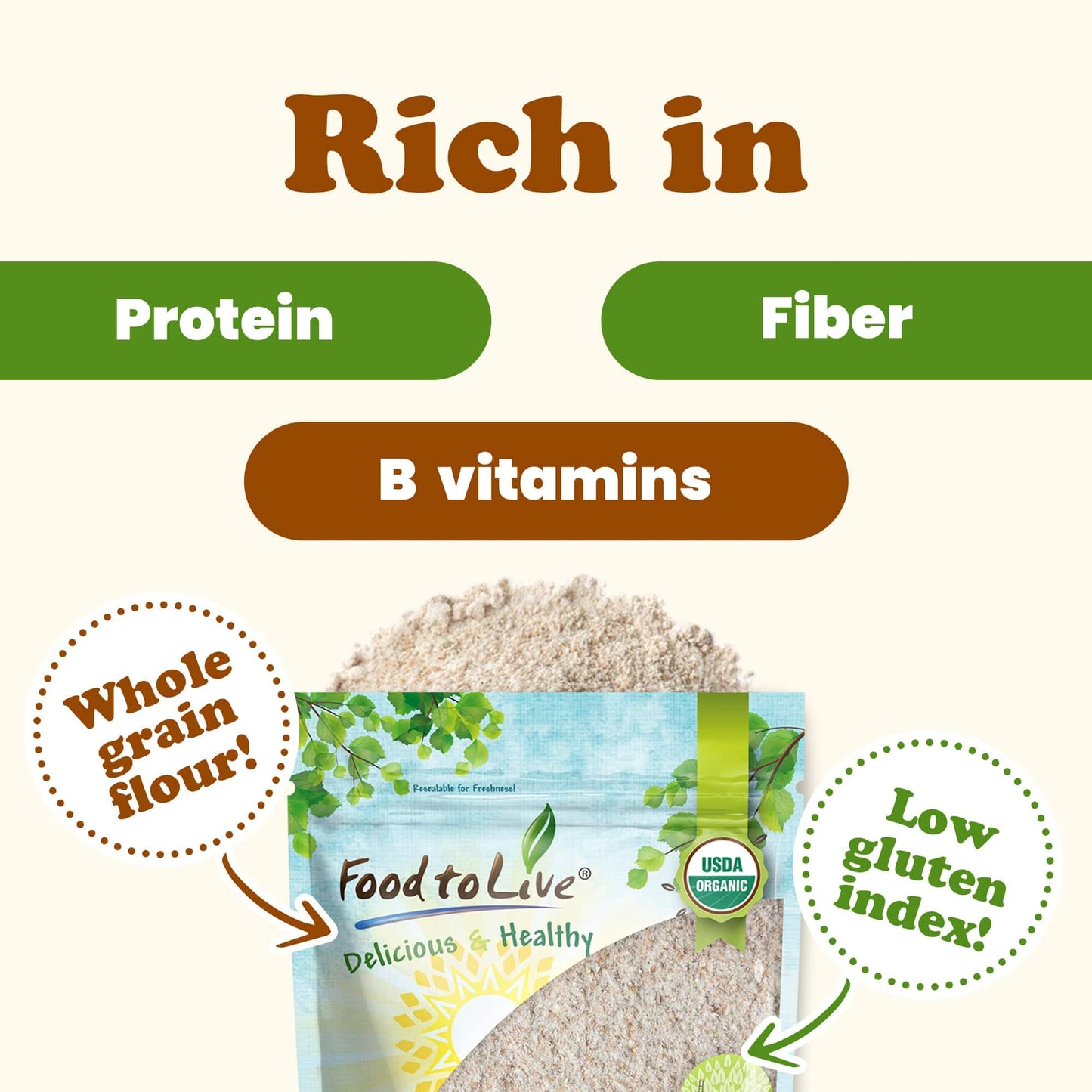 Food to Live Organic Einkorn Whole Wheat Flour, 8 Ounces - Finely Milled, Rich Fiber, Great for Baking Bread, Pizza, Pancakes, Muffins, USDA
