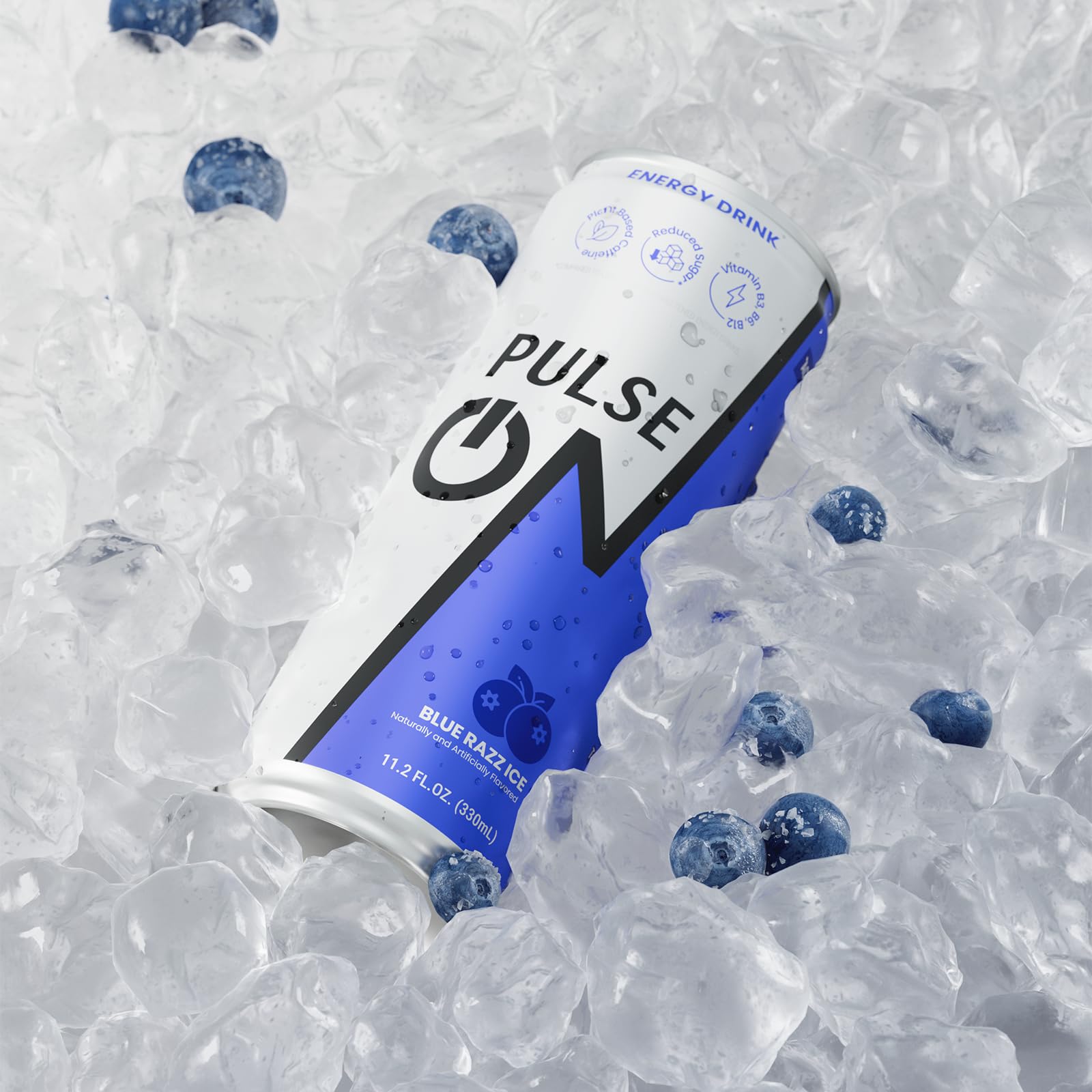 PulseOn Energy Drink- 200mg Natural Caffeine, Taurine and Vitamin B|Blue Razz Ice, Reduced Sugar 11.2 fl oz((Pack of 24)
