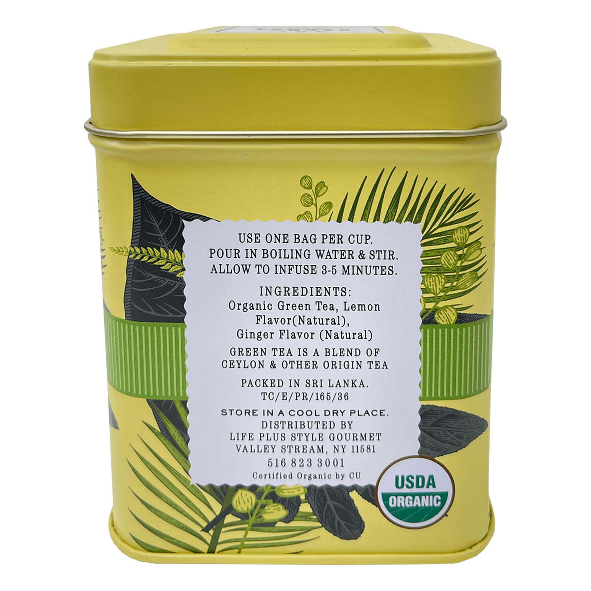 Organic Lemon Ginger Ceylon Green Tea - 50 Packets - Natural Antioxidant Rich Herbal Leaf Teabags - USDA Certified 100% Non-GMO - Caffeinated Premium
