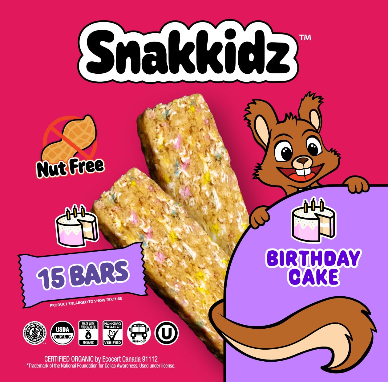 Snakkidz Organic Birthday Cake Chewy Granola Bars, 45 Count, Gluten Free Granola Bar, Nut and Allergen Free, Low Sugar, Made with Avocado Oil