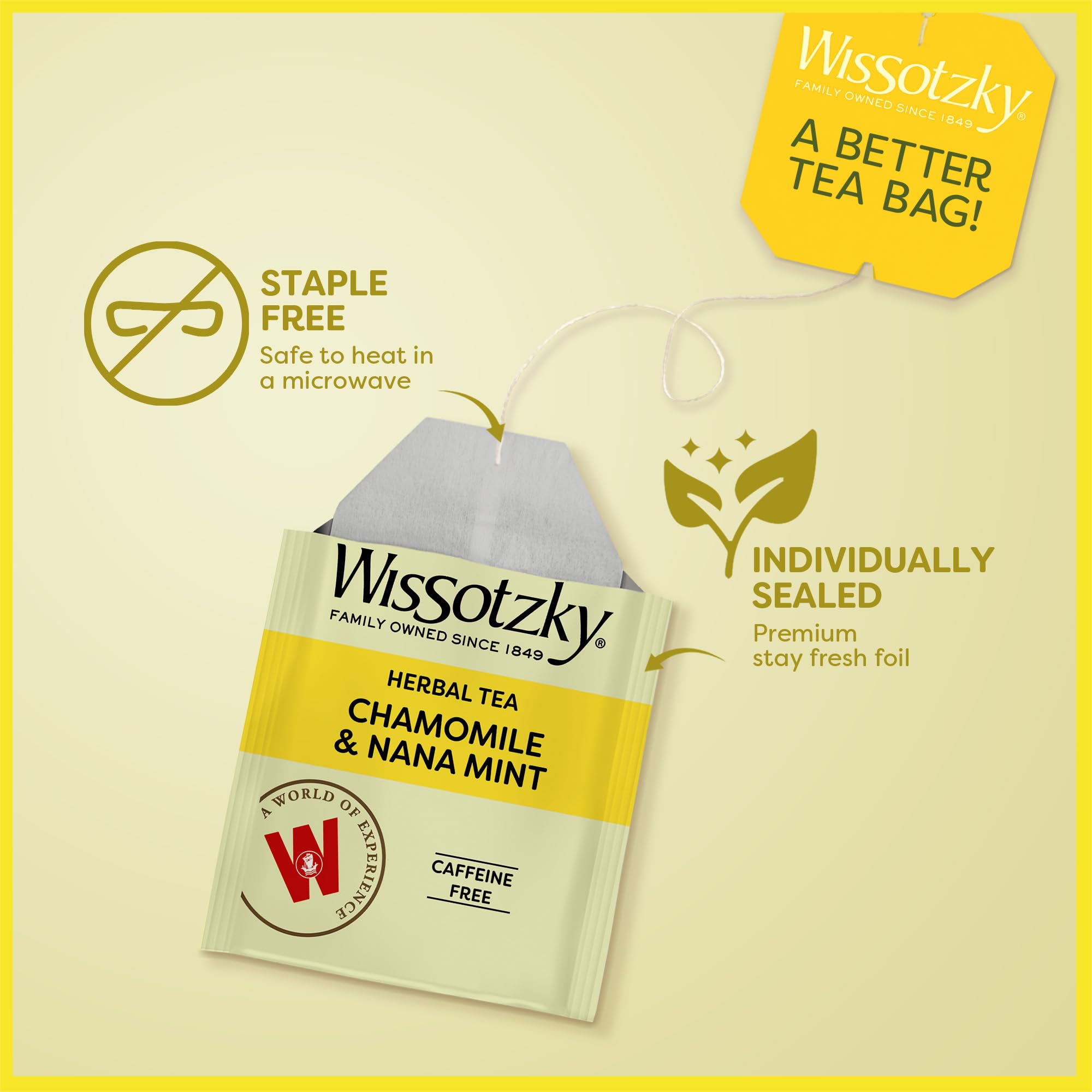Wissotzky Chamomile Tea with Nana Mint, Herbal Tea (3 Pack - 60 Tea Bags) | Caffeine Free | Soothing Blend | Sleep Support