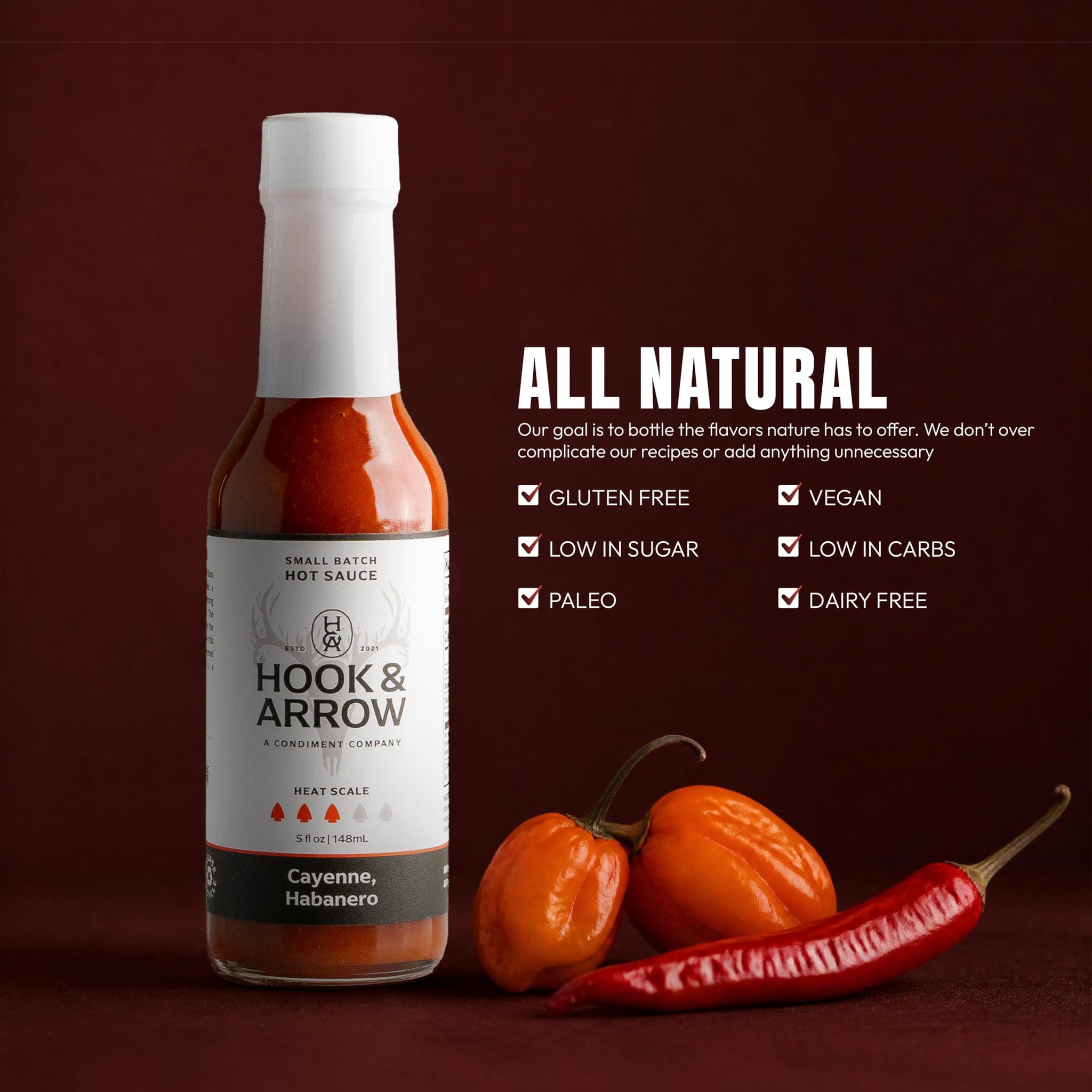 Hook & Arrow Cayenne Habanero Hot Sauce - Low Sugar Louisiana Style Garlic Pepper Sauce - Medium Spice Red Hot Sauce - Gluten-Free, Vegan, Paleo (5 fl