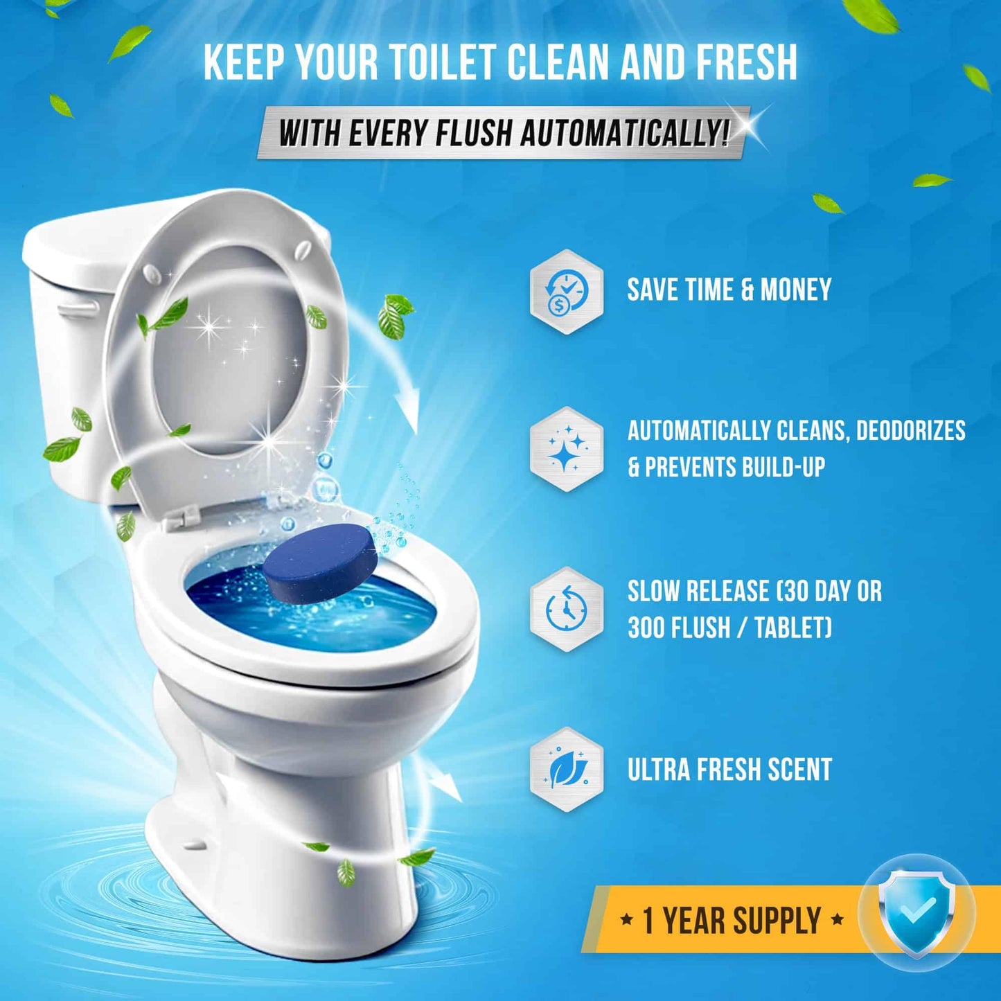 ACTIVE Automatic Toilet Bowl Cleaner Tablets Blue Gel Toilet Tank Cleaners, Septic-Safe Hard Water Ring Stain Remover, Smell Eliminator Heavy Duty