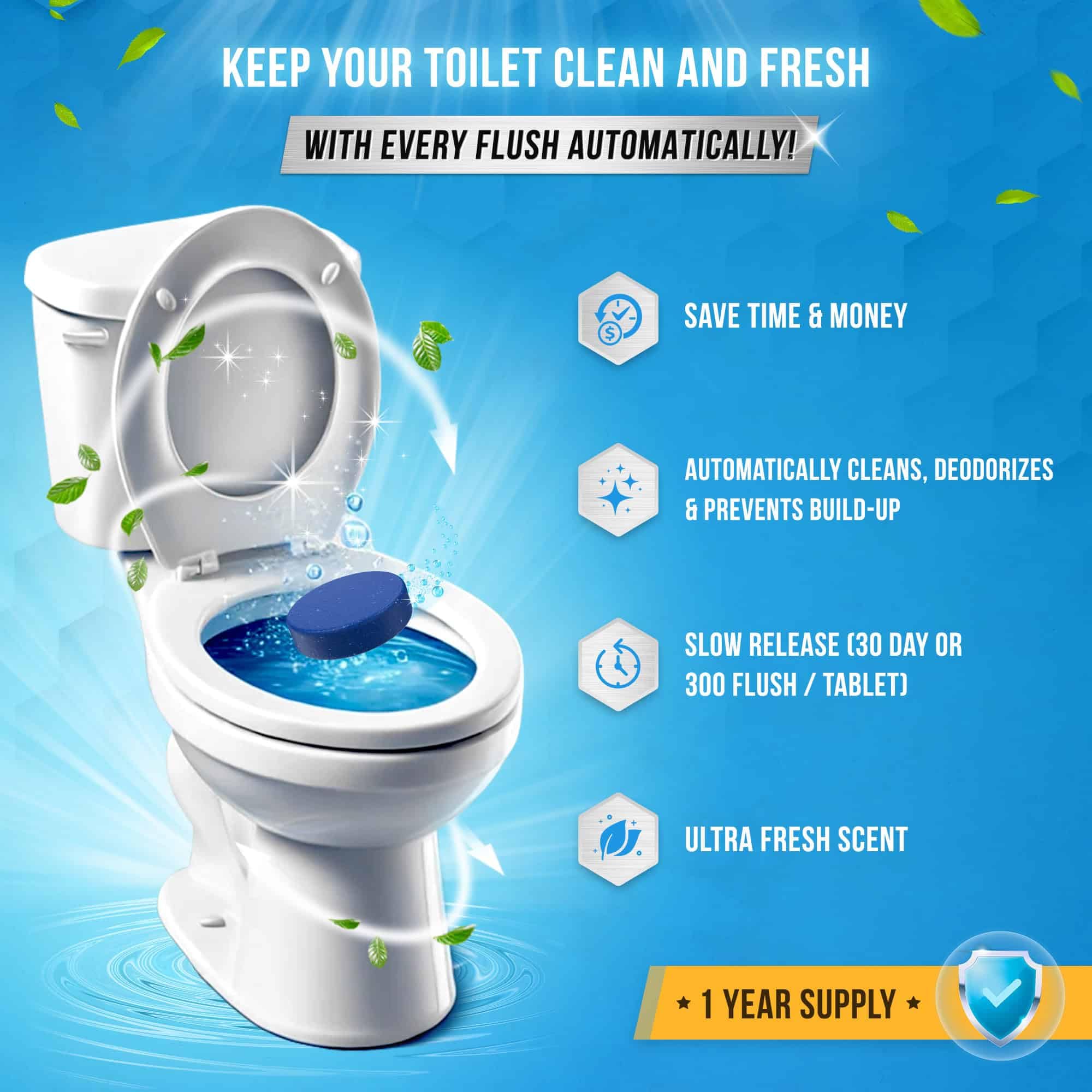 ACTIVE Automatic Toilet Bowl Cleaner Tablets Blue Gel Toilet Tank Cleaners, Septic-Safe Hard Water Ring Stain Remover, Smell Eliminator Heavy Duty