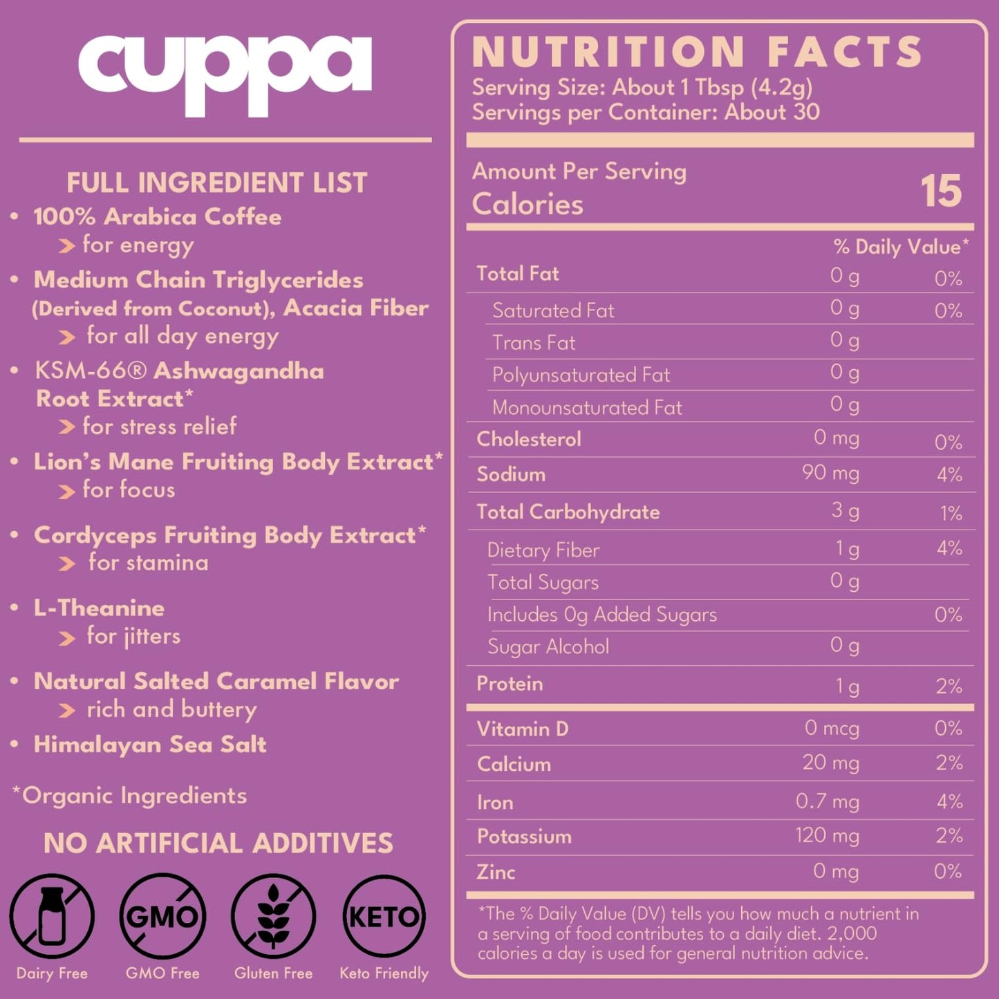 Cuppa Salted Caramel Mushroom Coffee with Adaptogens & Superfoods - Lion’s Mane, Ashwagandha & Cordyceps. Adaptogens + MCT to support natural energy
