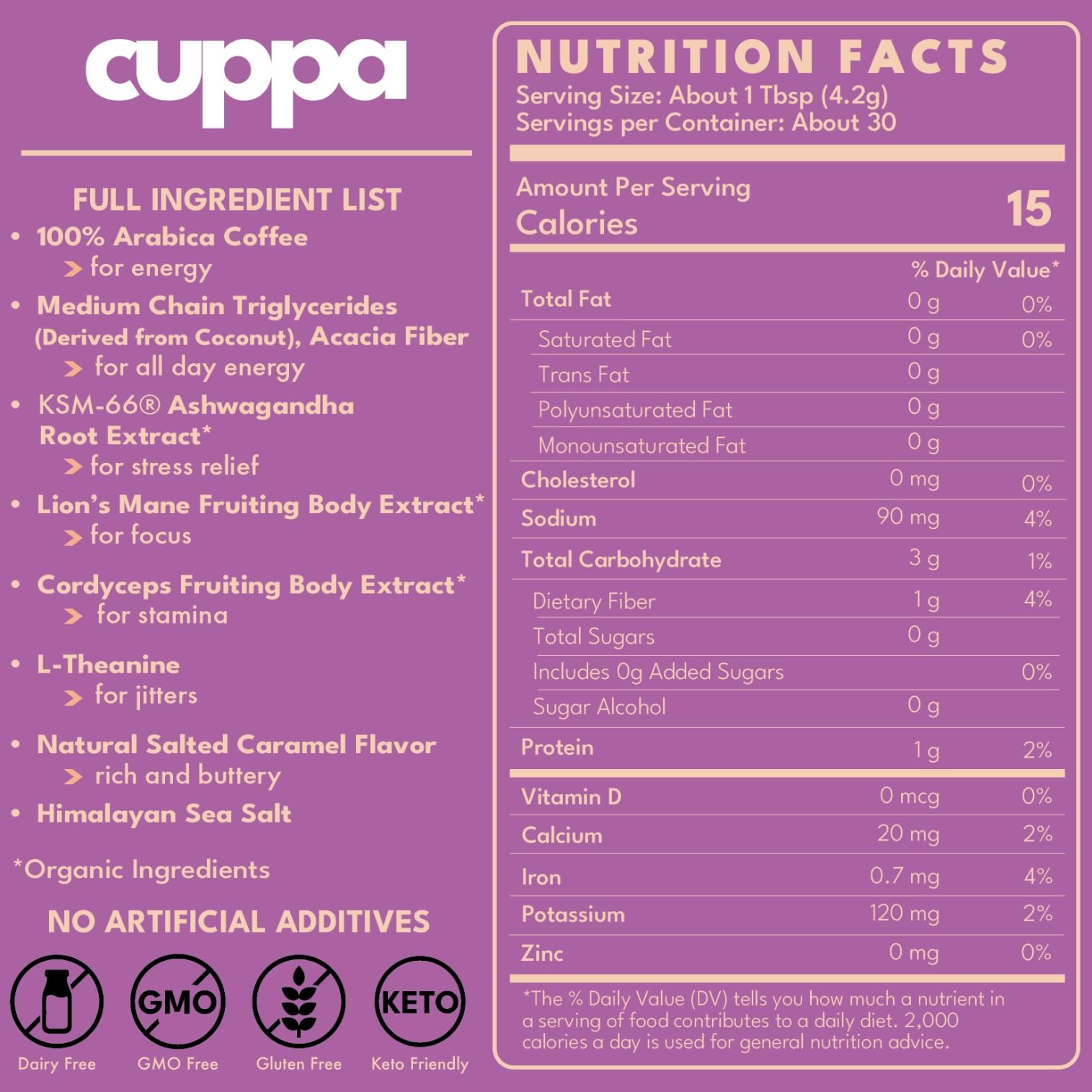 Cuppa Salted Caramel Mushroom Coffee with Adaptogens & Superfoods - Lion’s Mane, Ashwagandha & Cordyceps. Adaptogens + MCT to support natural energy